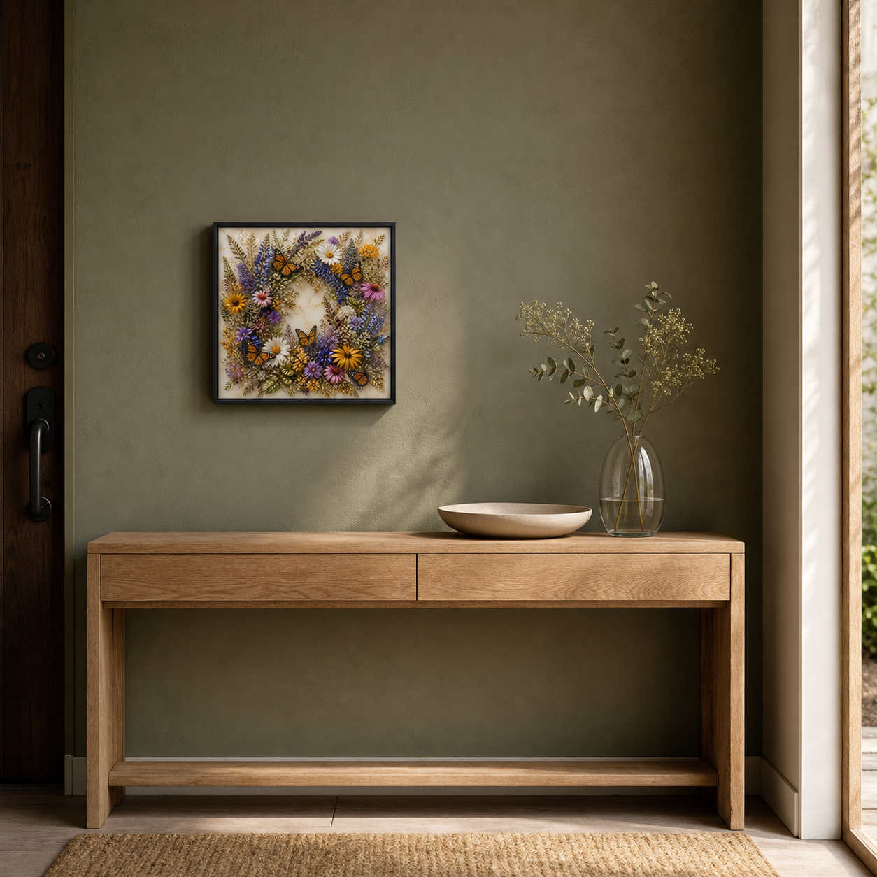 Monarch Butterfly Wreath framed relief art — styled interior