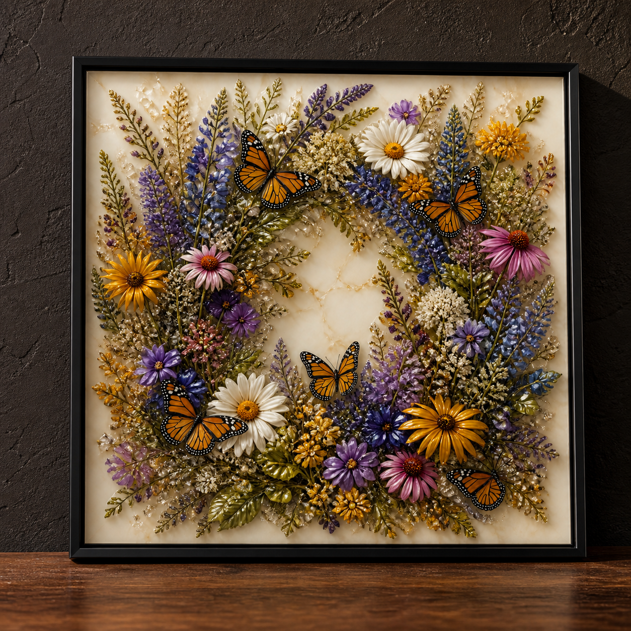 Monarch Butterfly Wreath framed relief art — close-up detail