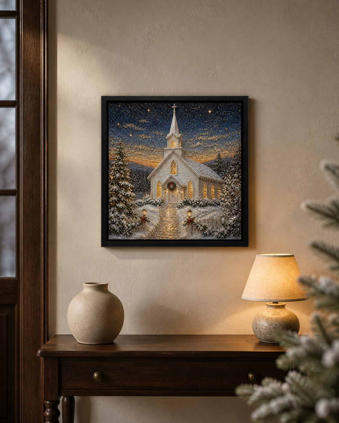 Winter Chapel framed relief art — lifestyle view