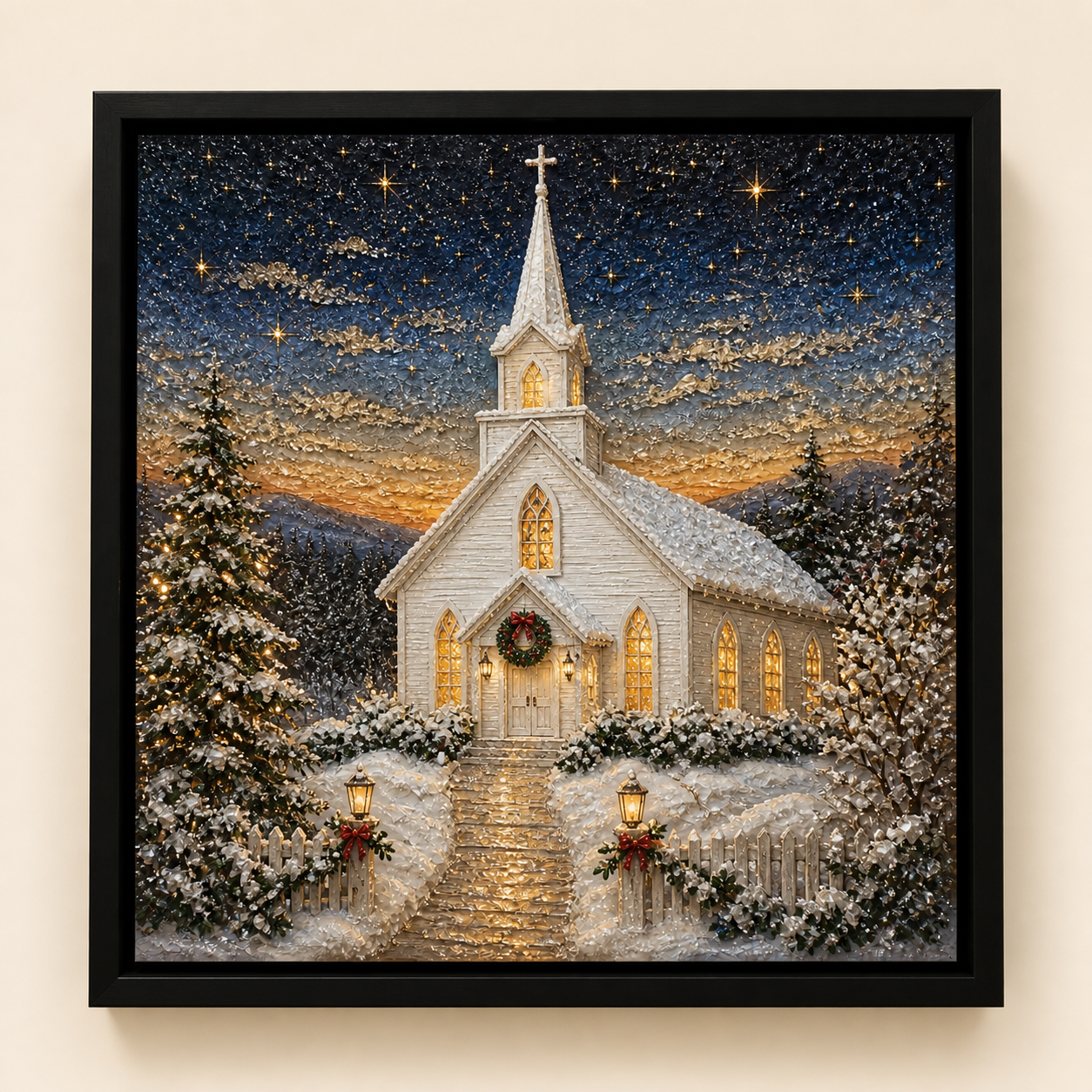 Winter Chapel framed relief art — front view