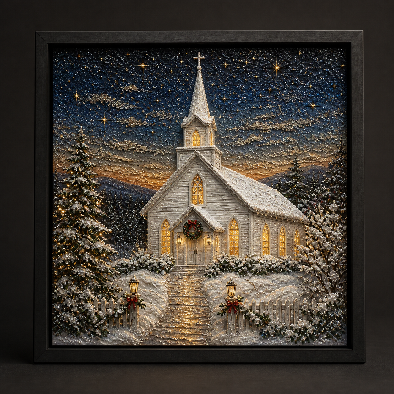 Winter Chapel framed relief art — relief lighting view