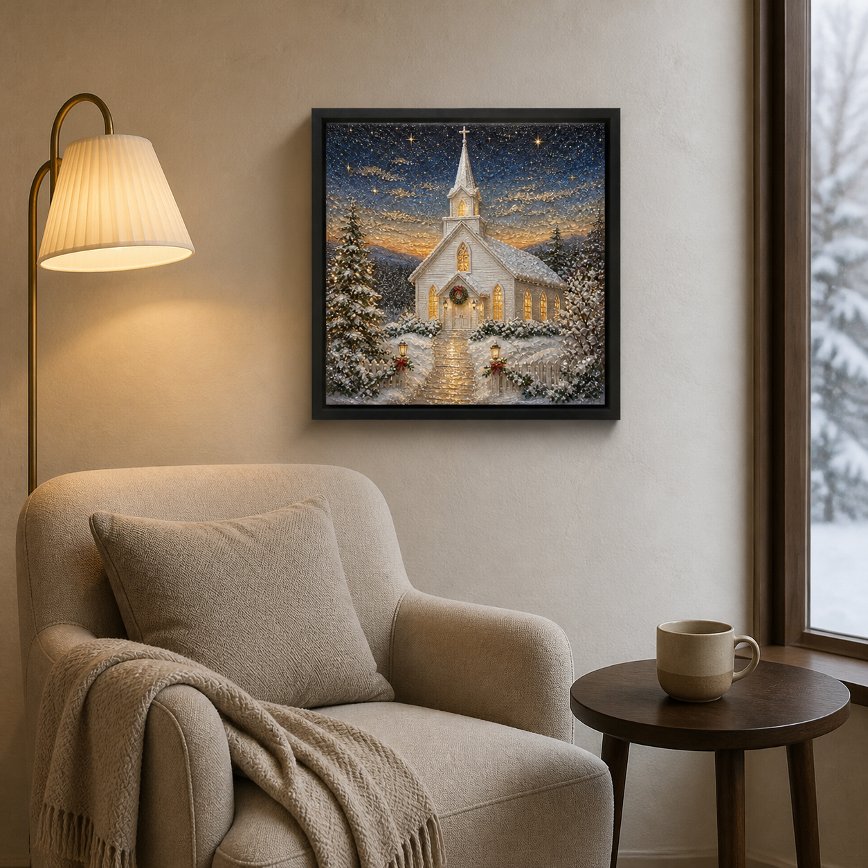 Winter Chapel framed relief art — room setting