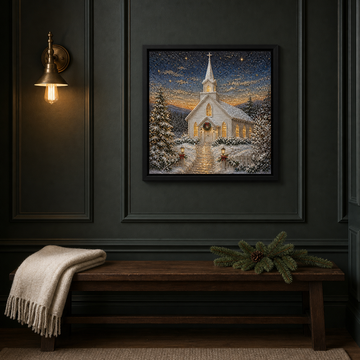Winter Chapel framed relief art — alternate room setting