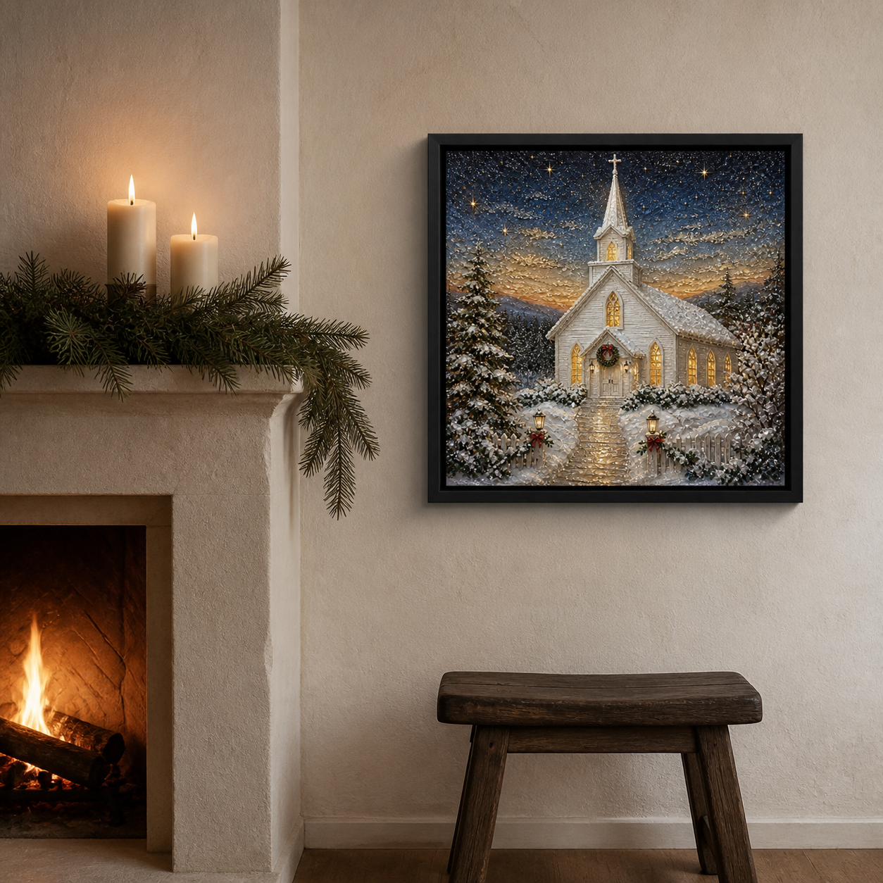 Winter Chapel framed relief art — styled interior
