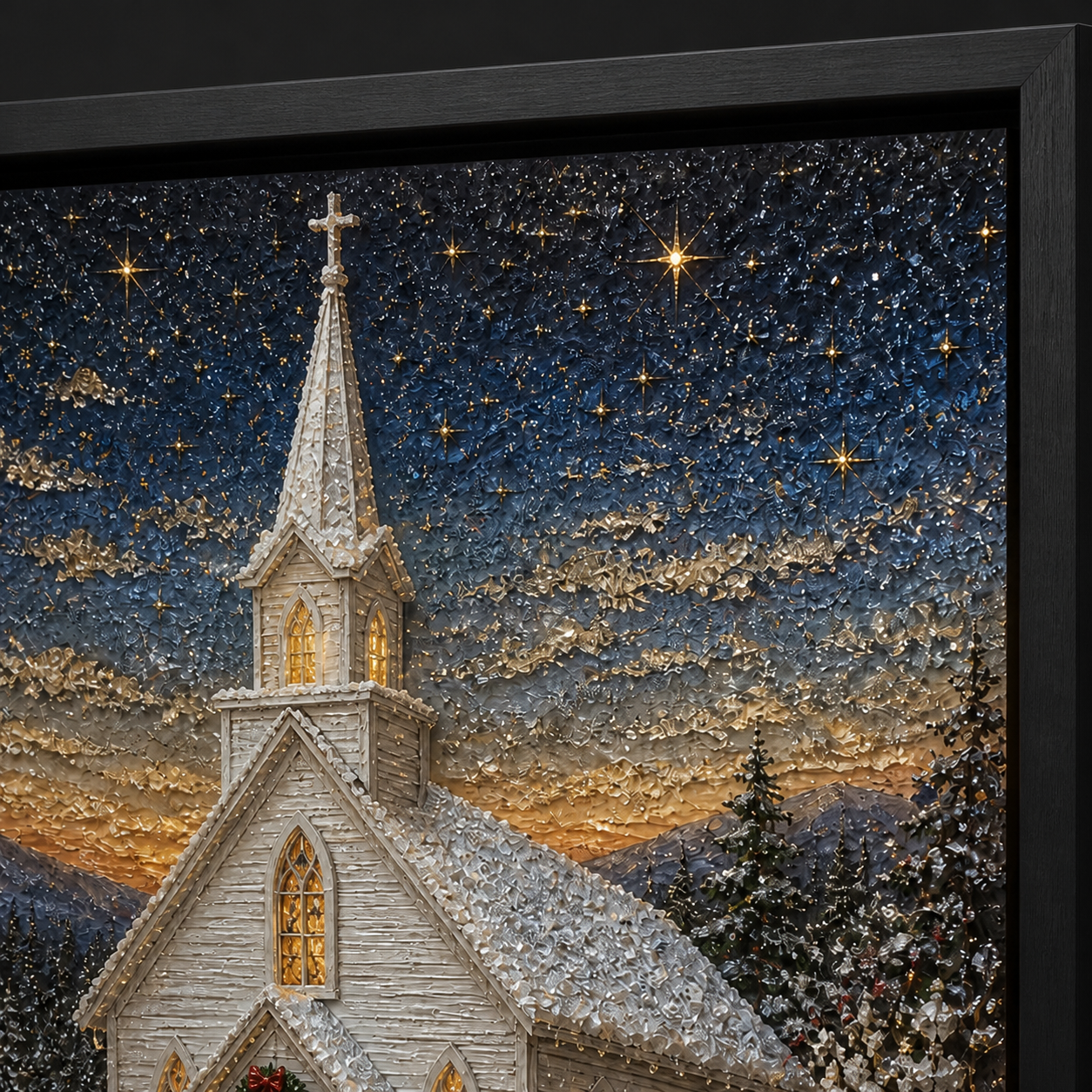 Winter Chapel framed relief art — close-up detail