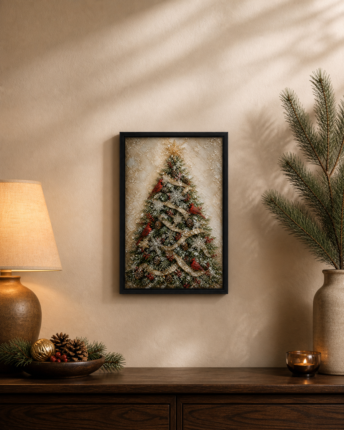 Cardinals & Christmas Tree framed relief art — lifestyle view
