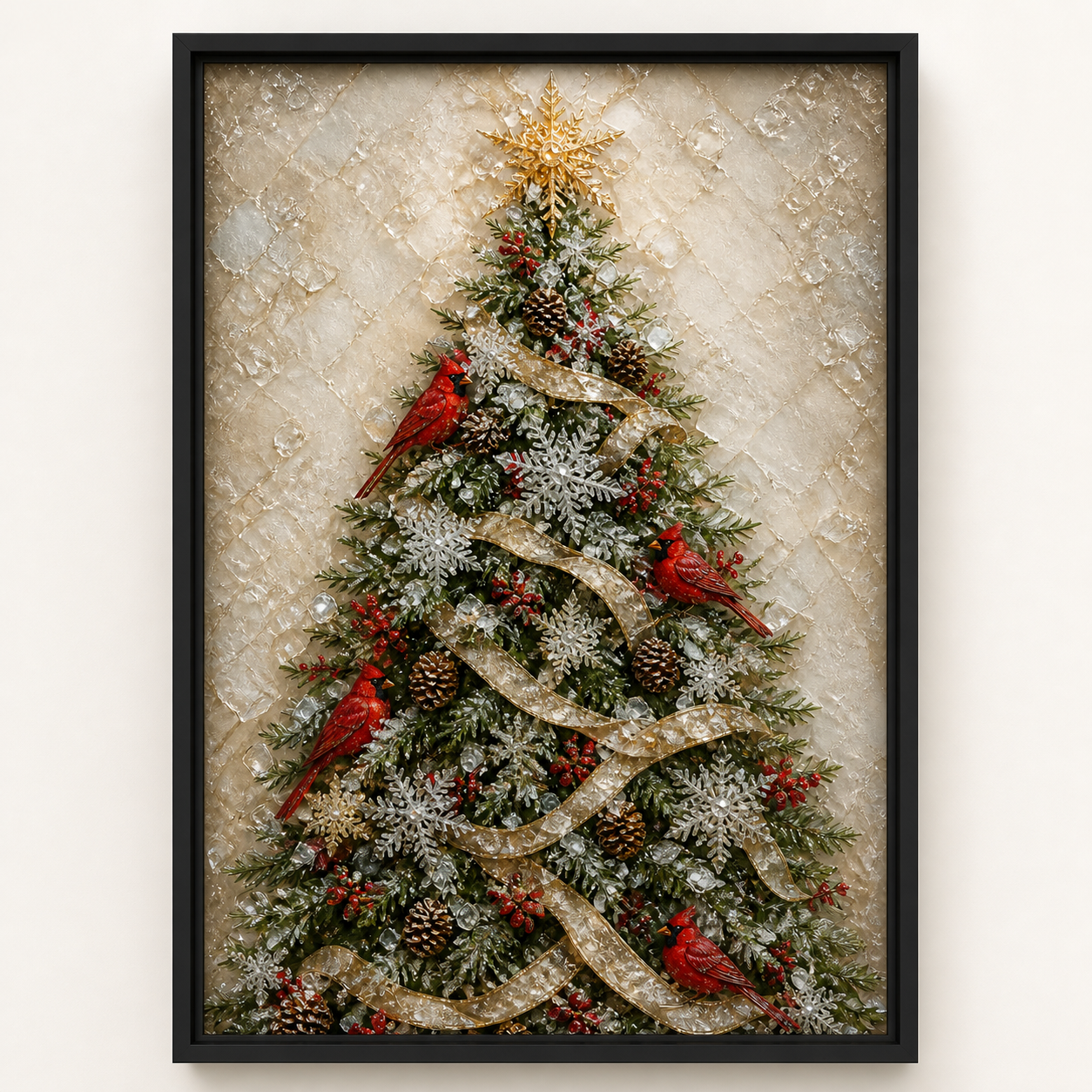 Cardinals & Christmas Tree framed relief art — front view