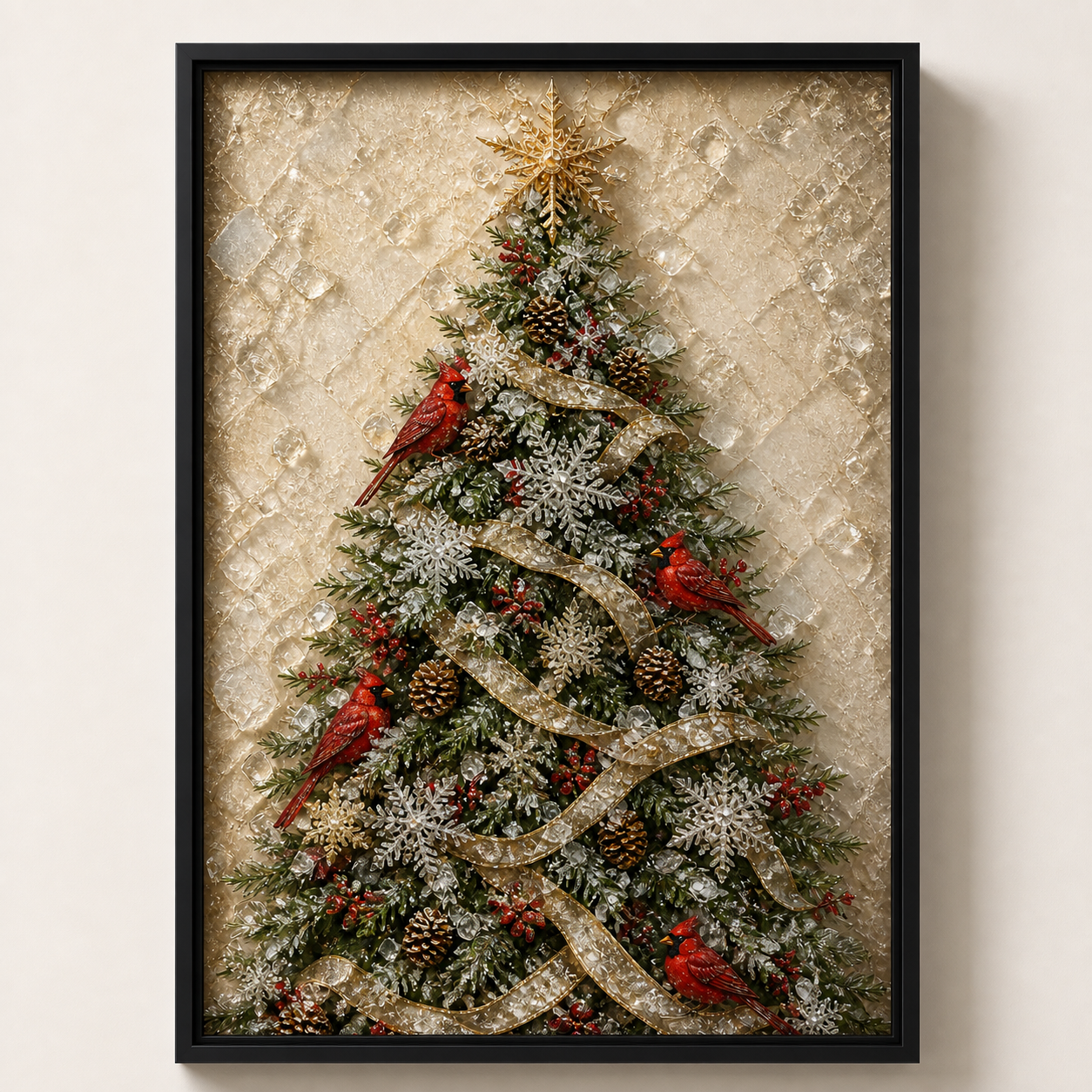 Cardinals & Christmas Tree framed relief art — relief lighting view