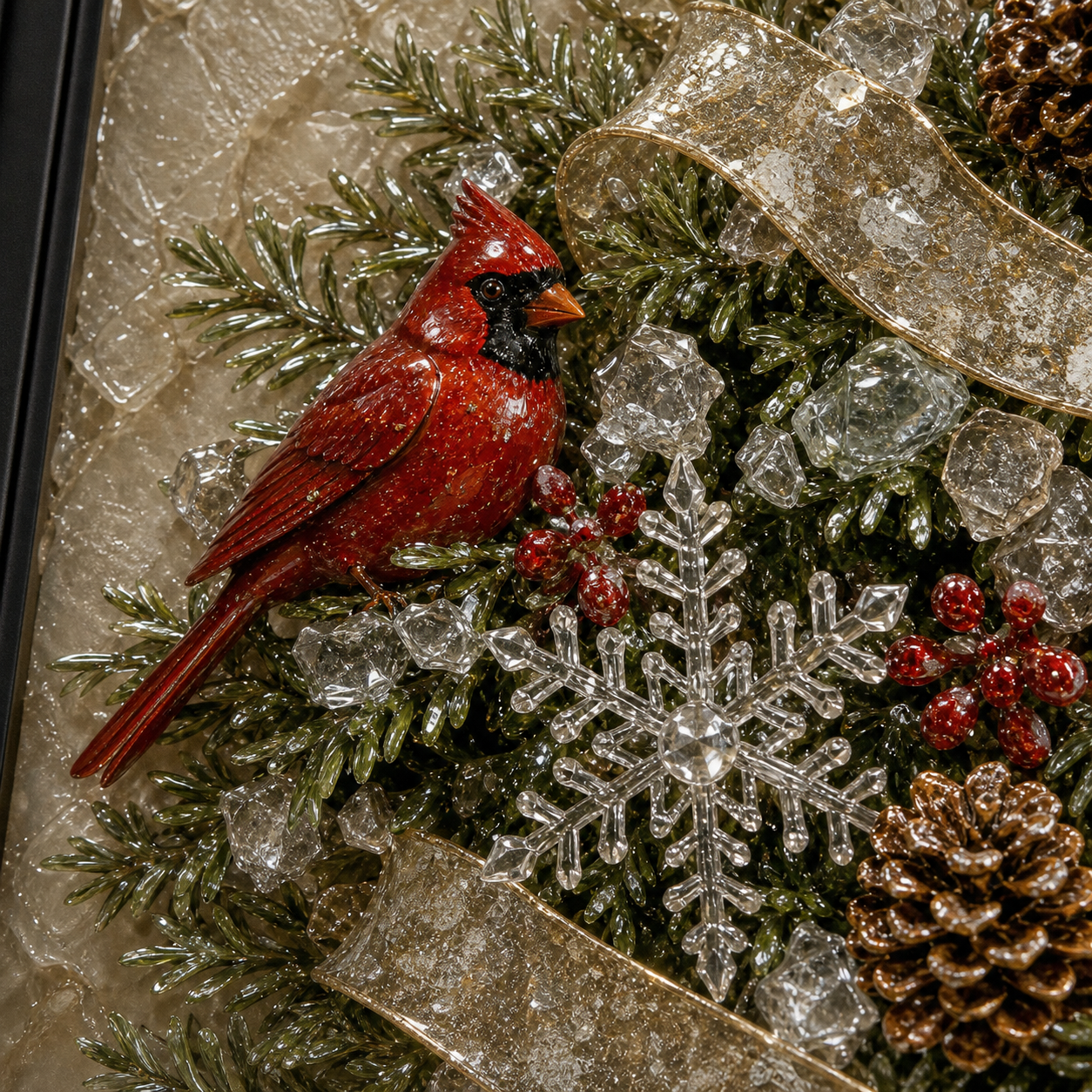 Cardinals & Christmas Tree framed relief art — relief detail