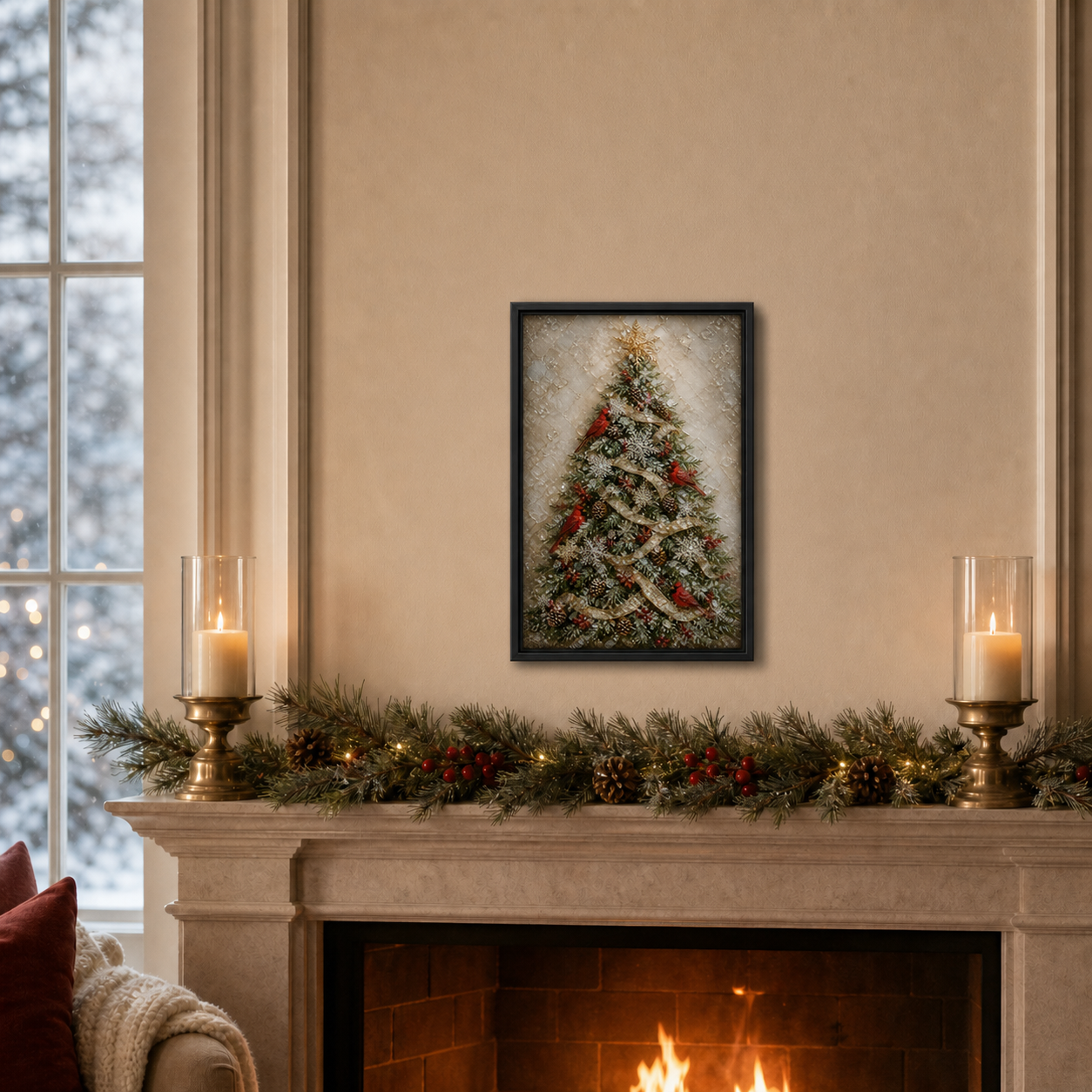 Cardinals & Christmas Tree framed relief art — room setting