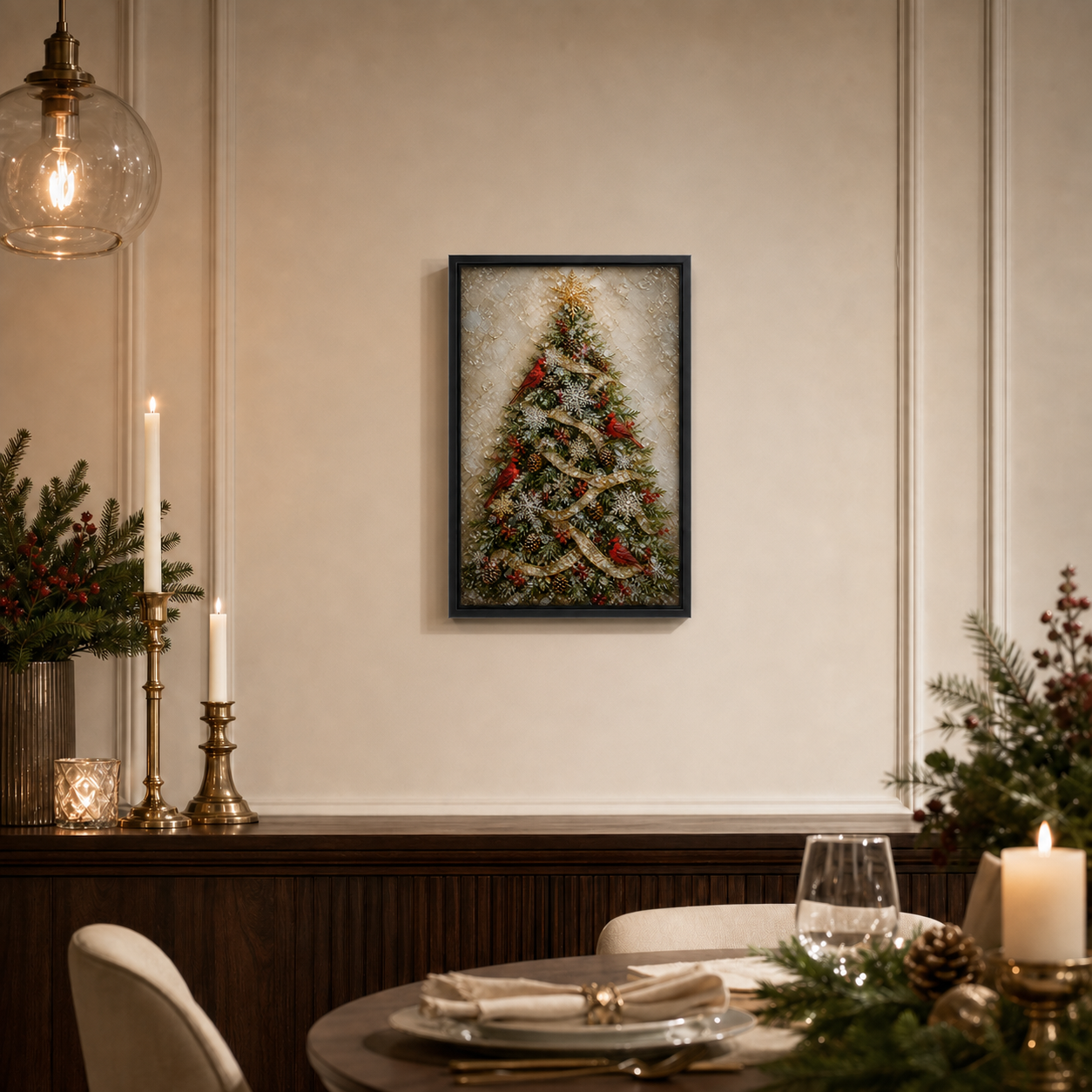 Cardinals & Christmas Tree framed relief art — alternate room setting