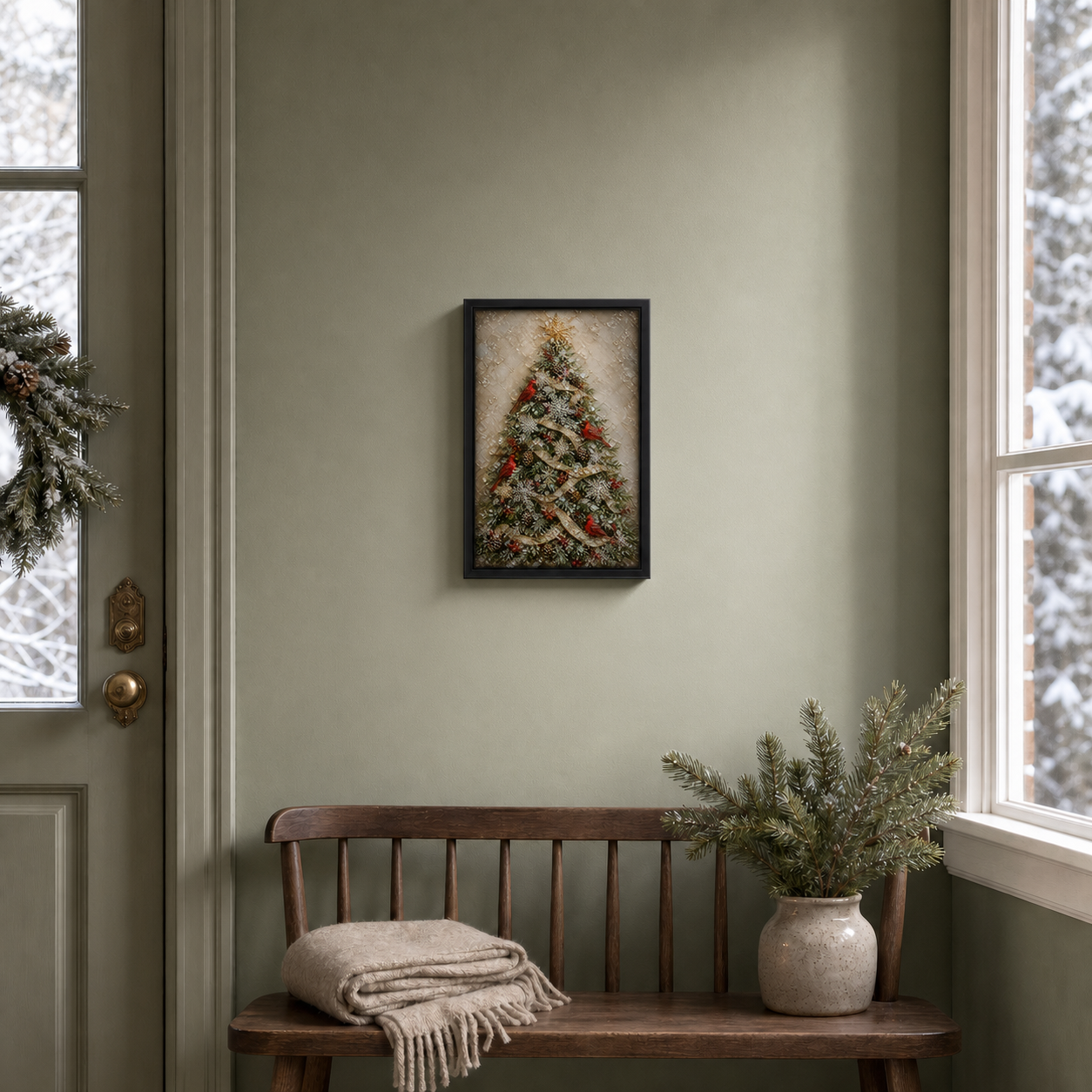 Cardinals & Christmas Tree framed relief art — styled interior