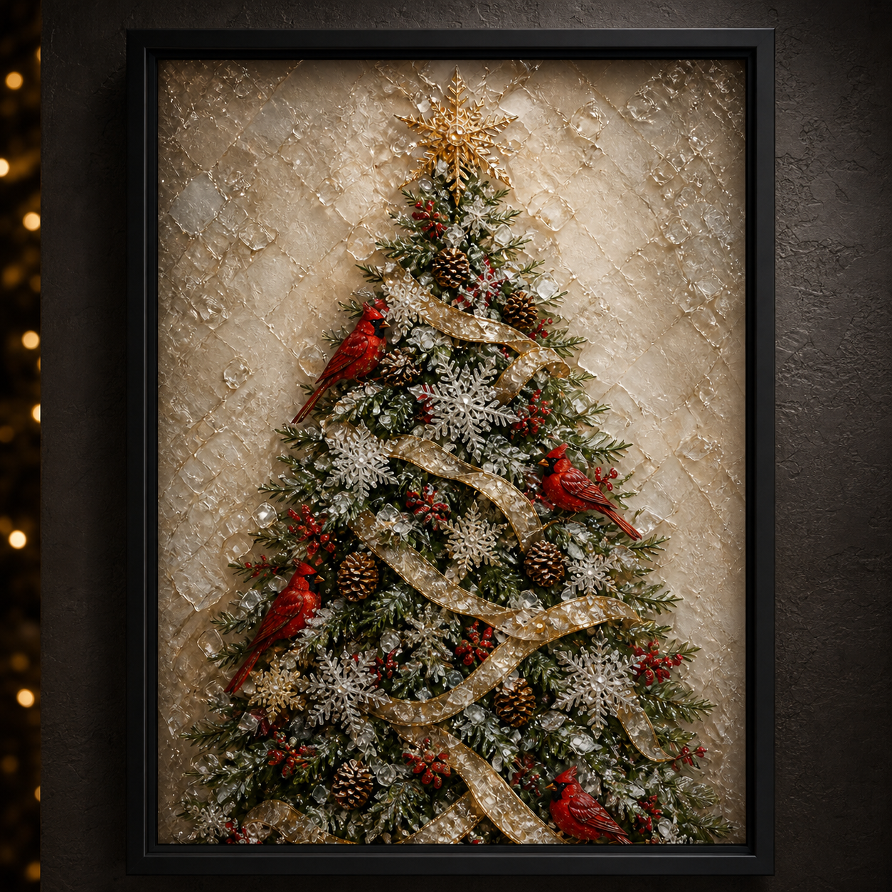 Cardinals & Christmas Tree framed relief art — close-up detail