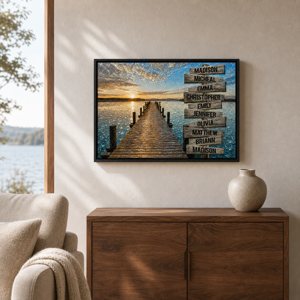 Lakeside Family Signpost framed relief art — room setting