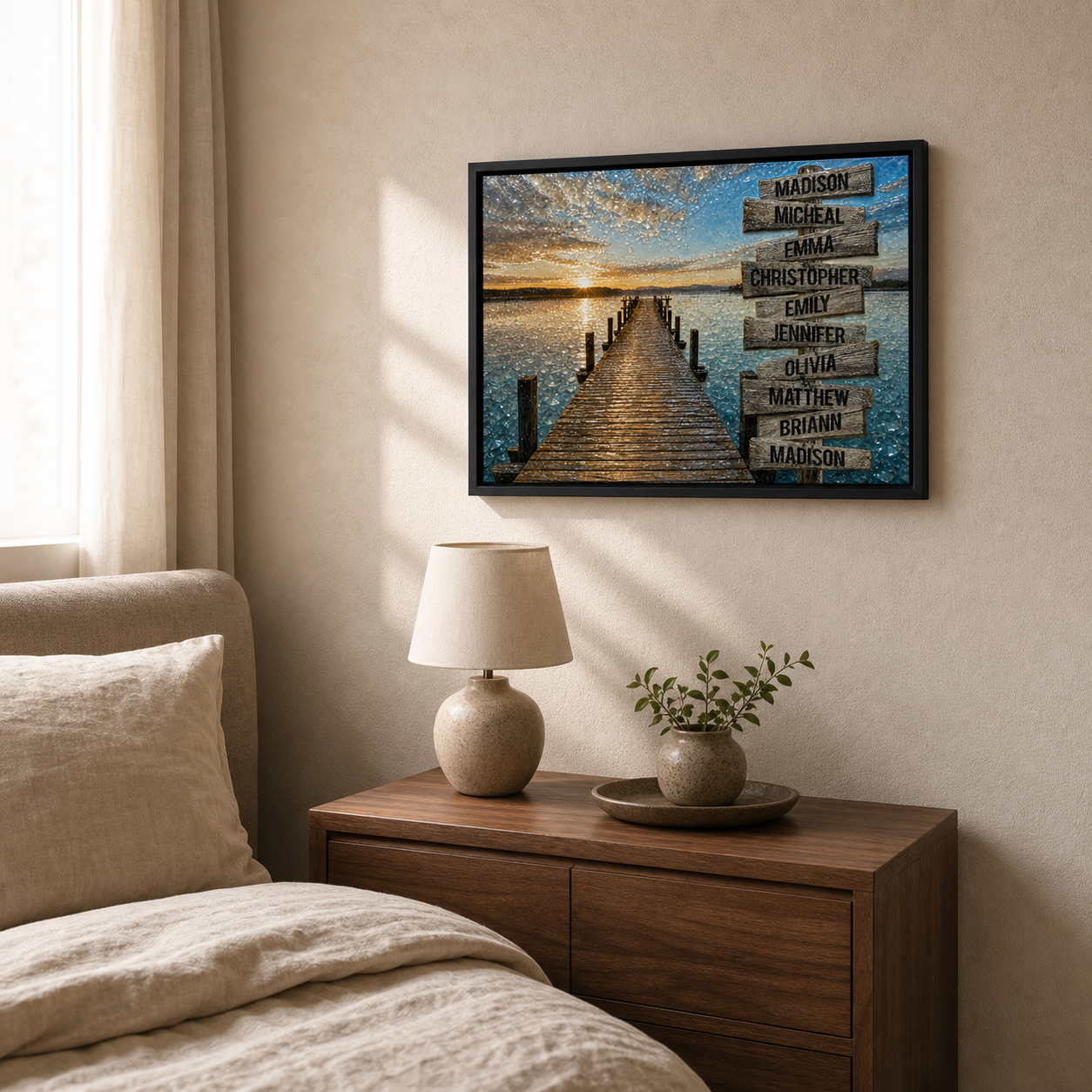 Lakeside Family Signpost framed relief art — alternate room setting