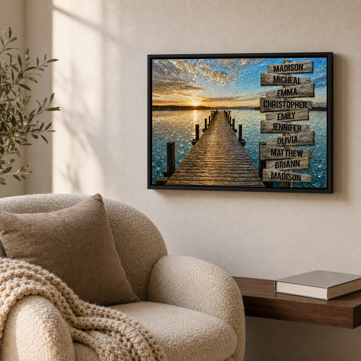 Lakeside Family Signpost framed relief art — styled interior