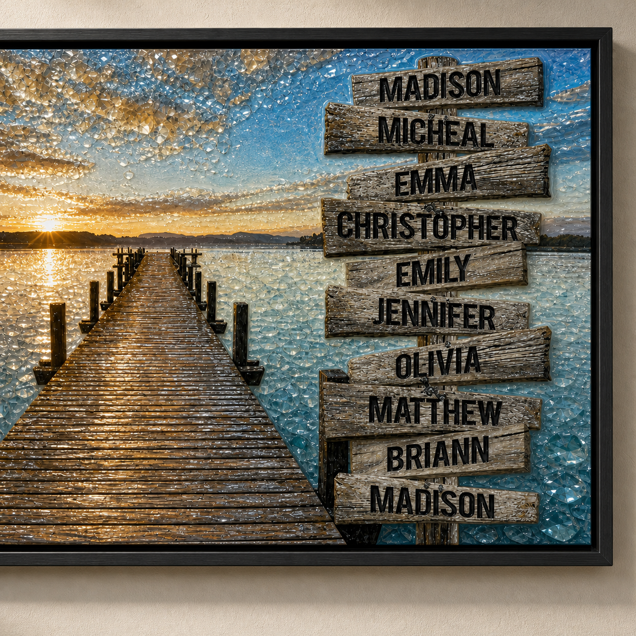 Lakeside Family Signpost framed relief art — close-up detail