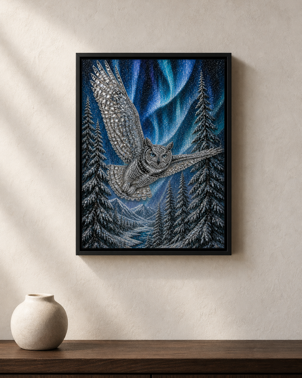 Aurora Snowy Owl framed relief art — lifestyle view