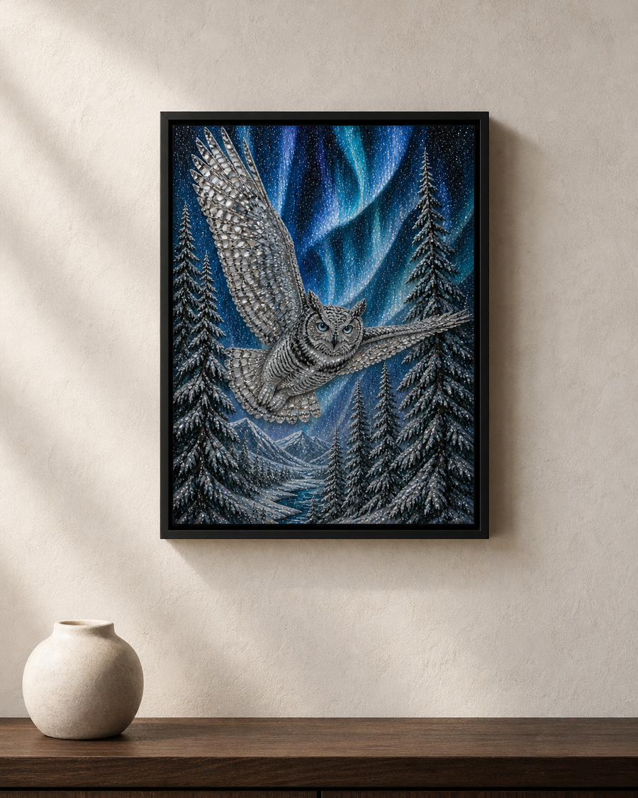 Aurora Snowy Owl framed relief art — lifestyle view