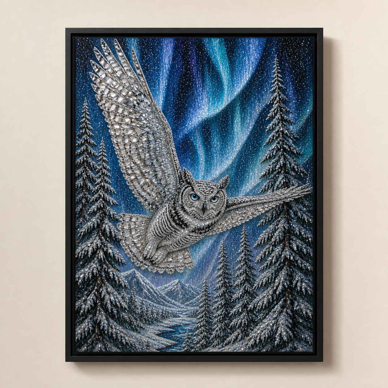 Aurora Snowy Owl framed relief art — front view