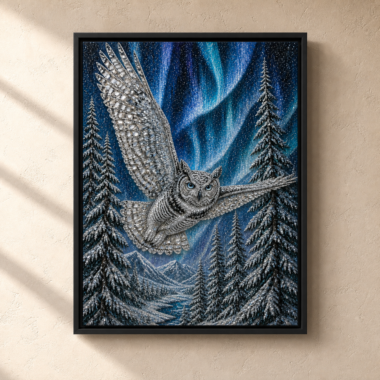 Aurora Snowy Owl framed relief art — relief lighting view