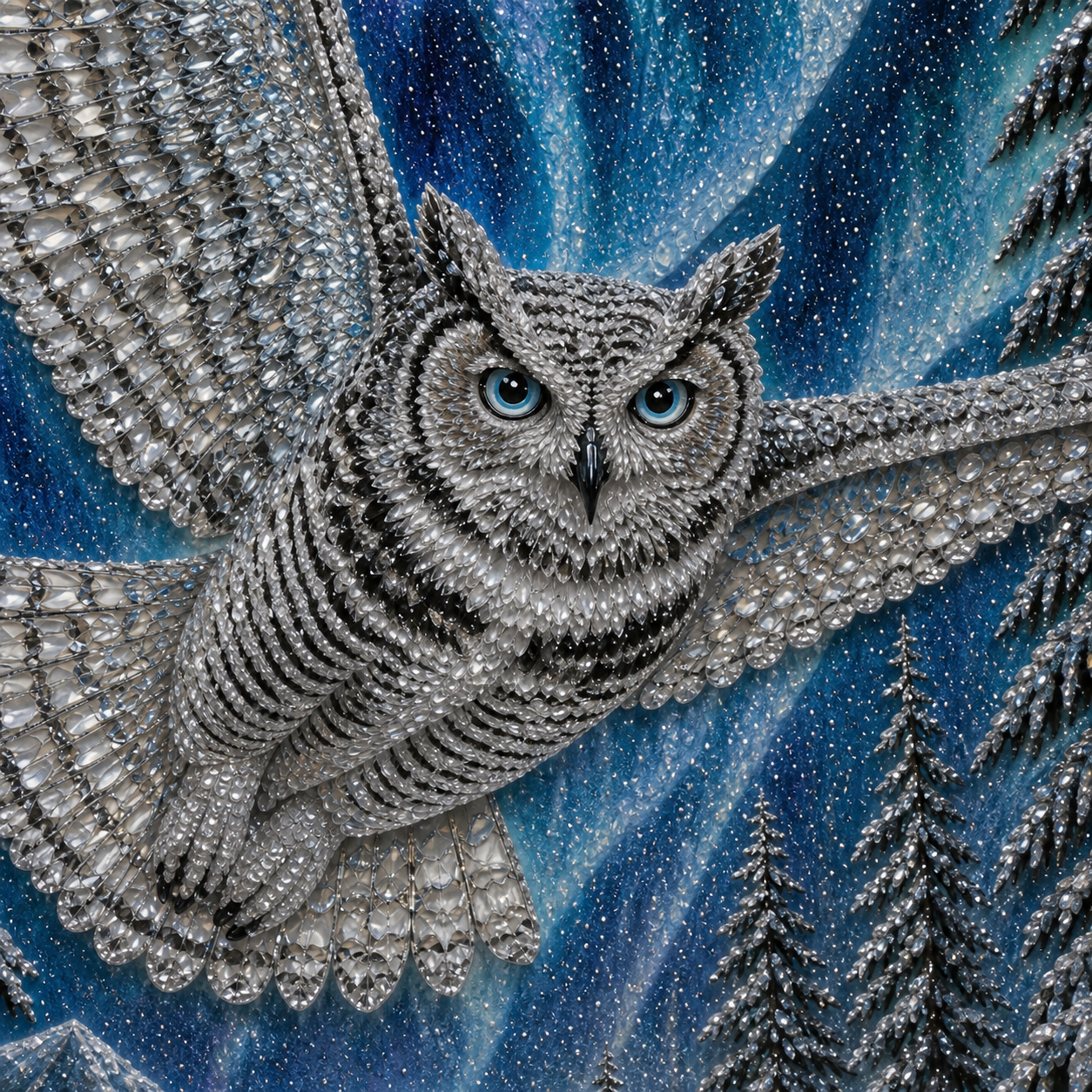 Aurora Snowy Owl framed relief art — relief detail