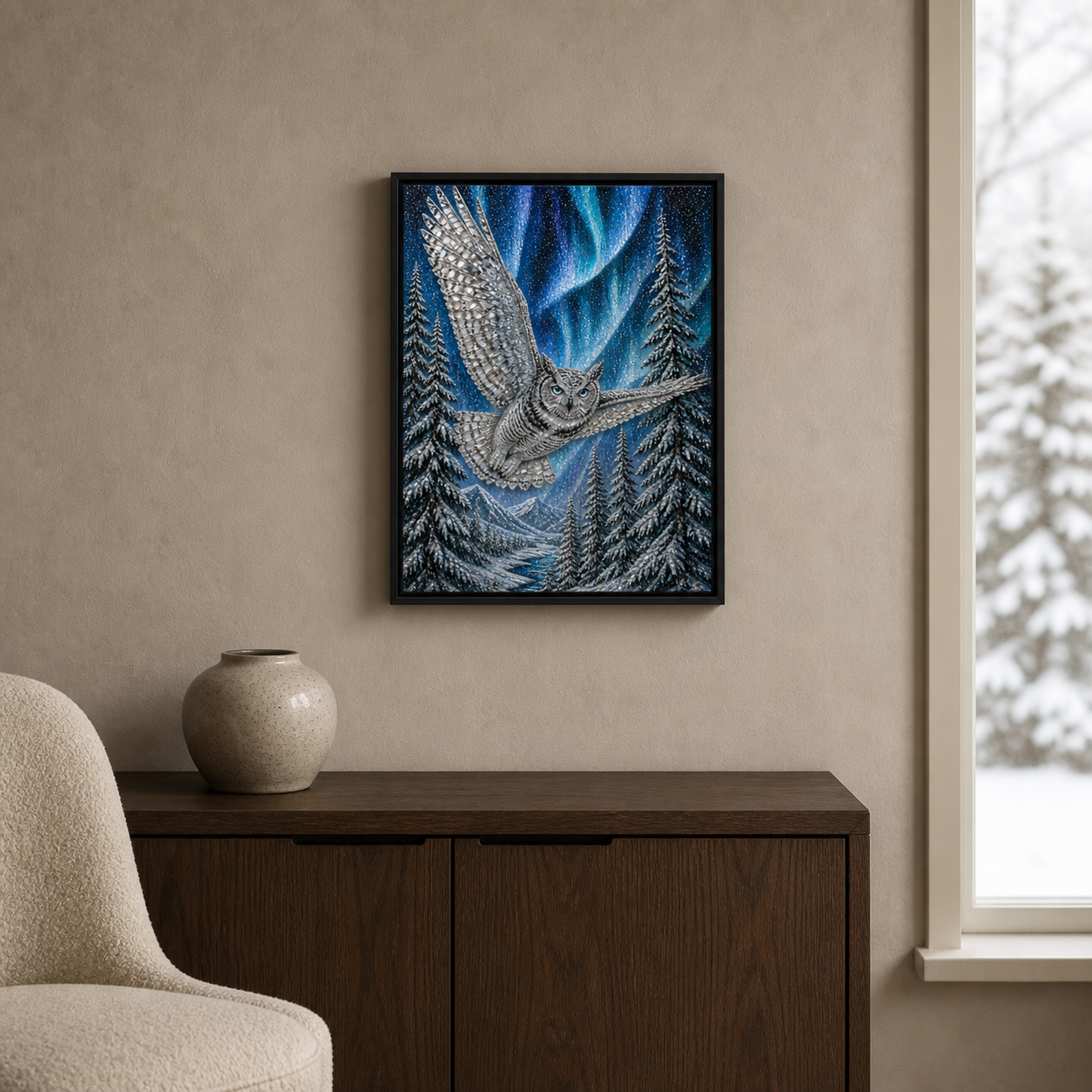 Aurora Snowy Owl framed relief art — room setting