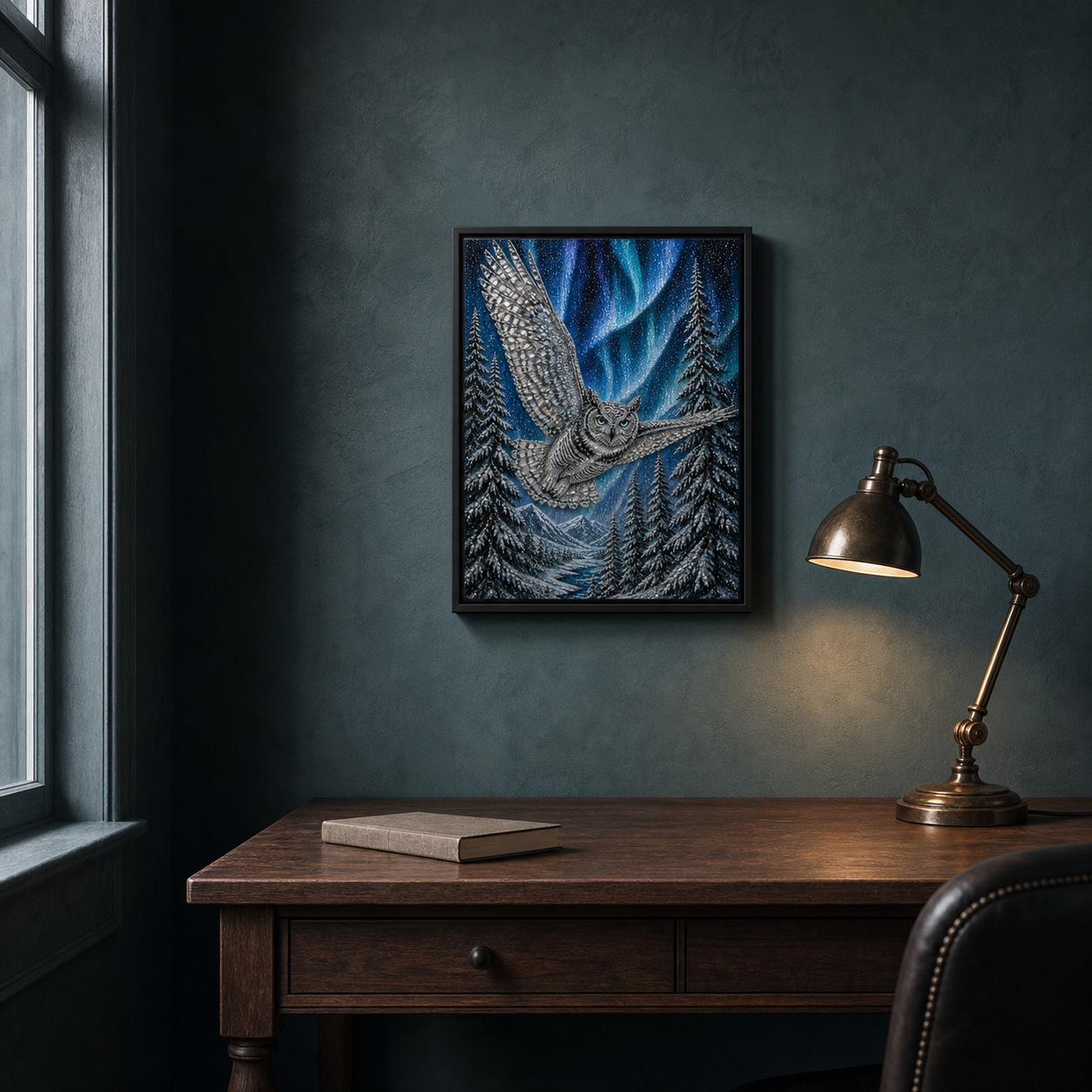 Aurora Snowy Owl framed relief art — alternate room setting