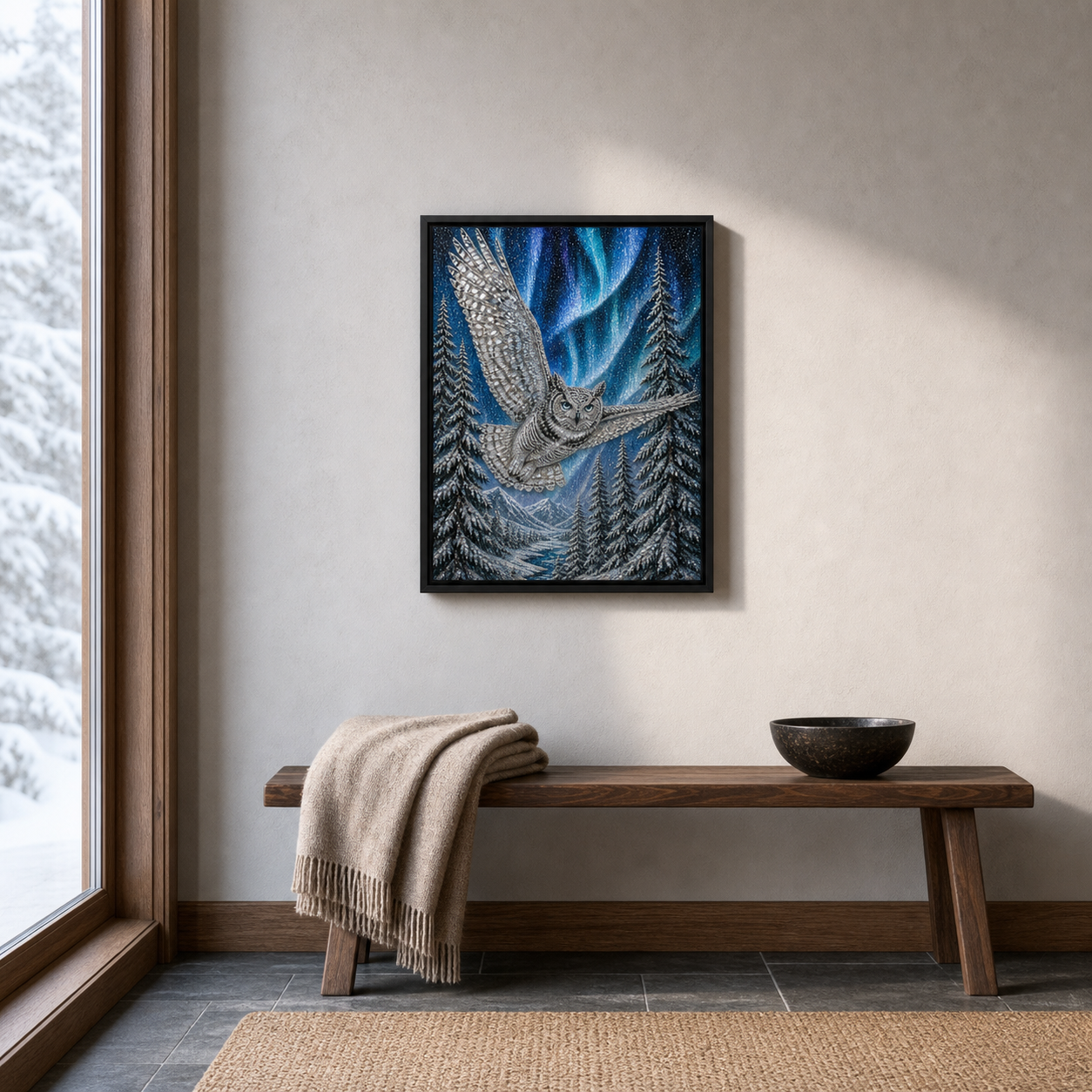 Aurora Snowy Owl framed relief art — styled interior