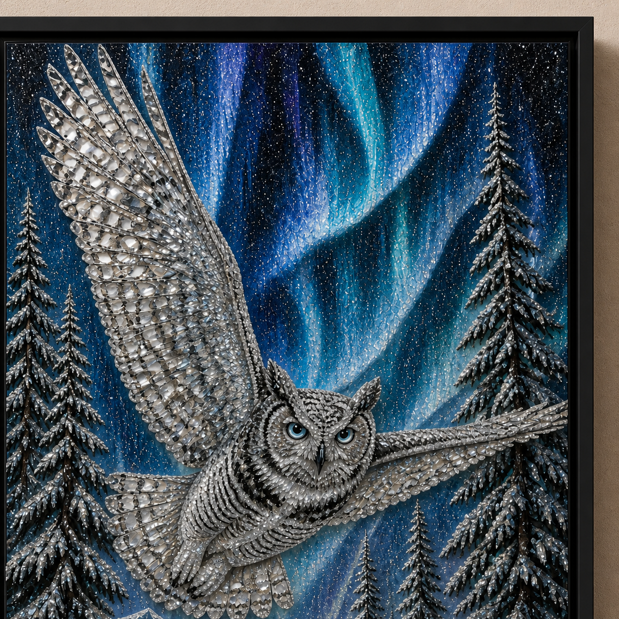 Aurora Snowy Owl framed relief art — close-up detail