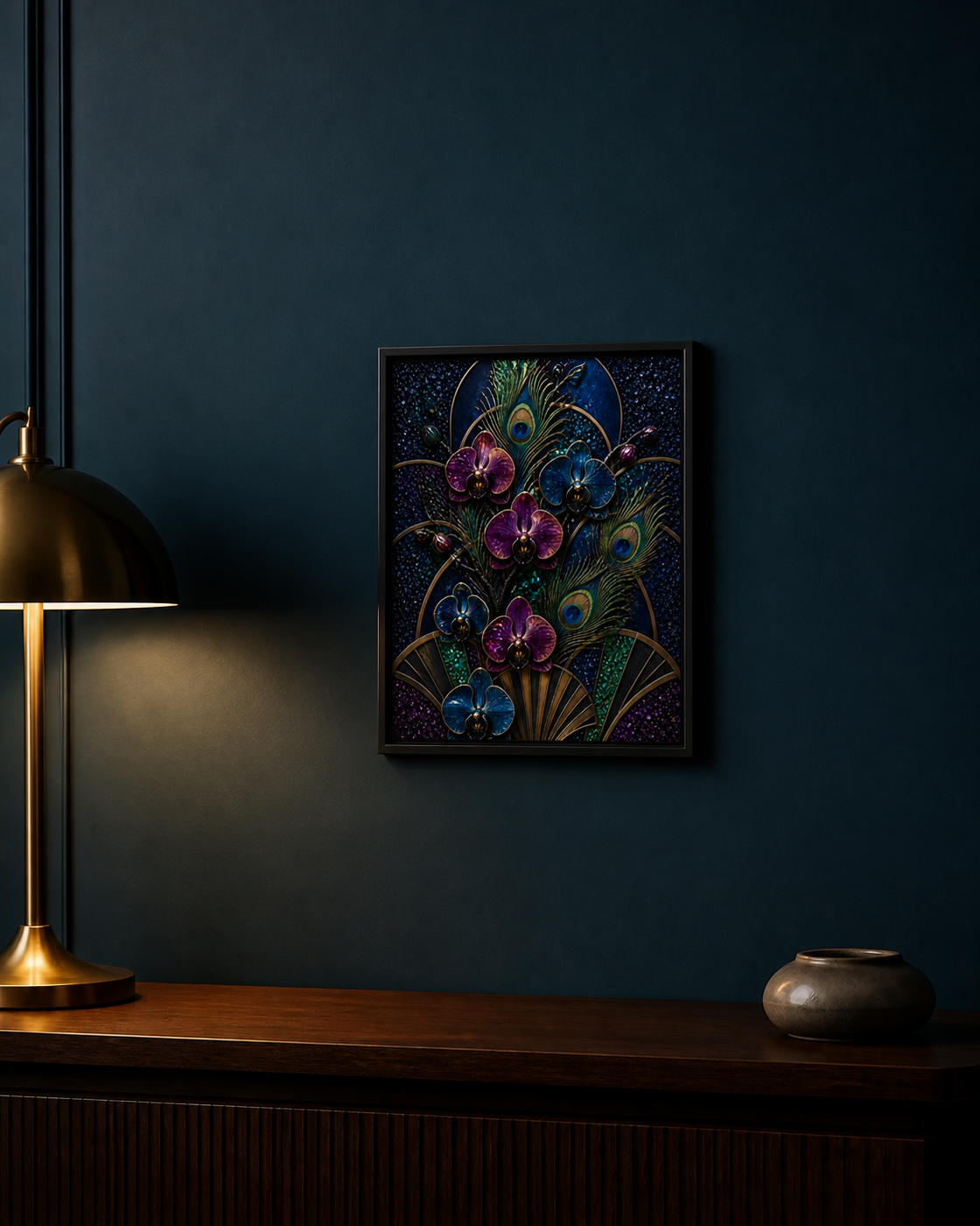 Peacock & Orchids framed relief art — lifestyle view