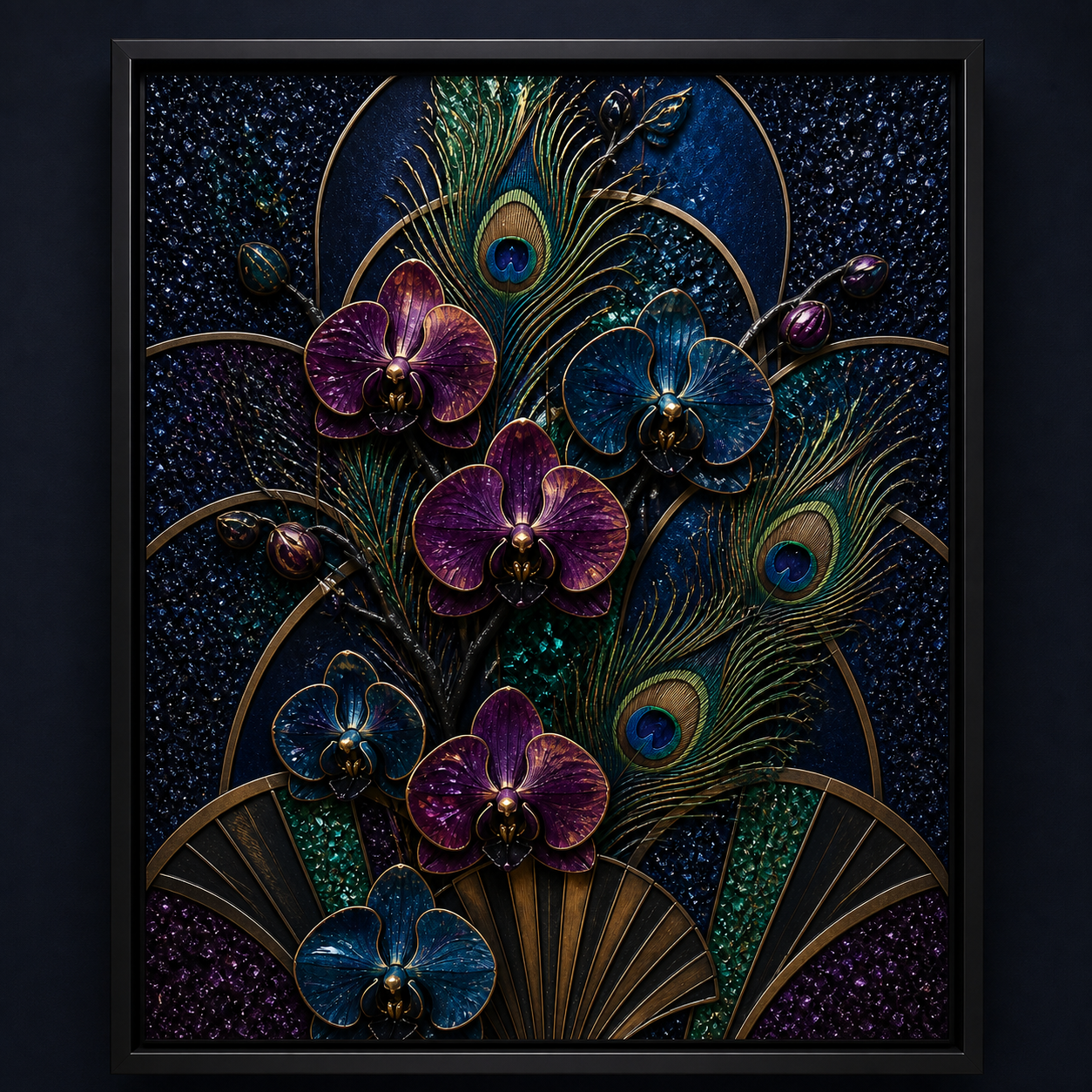 Peacock & Orchids framed relief art — front view
