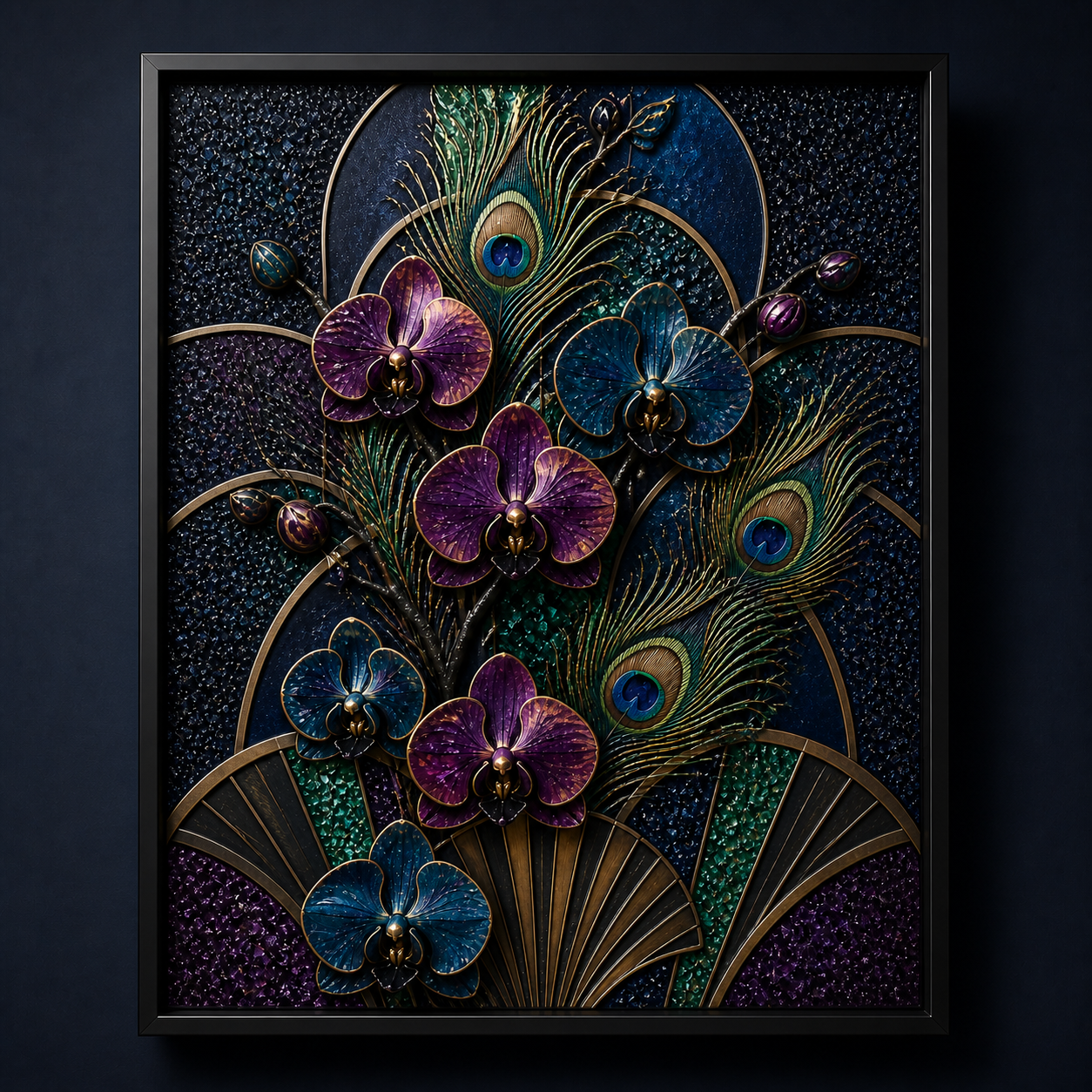 Peacock & Orchids framed relief art — relief lighting view