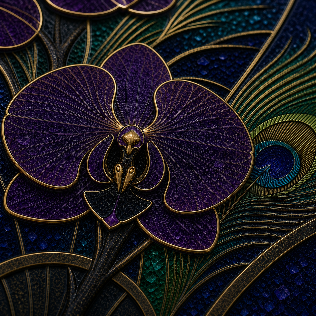 Peacock & Orchids framed relief art — relief detail