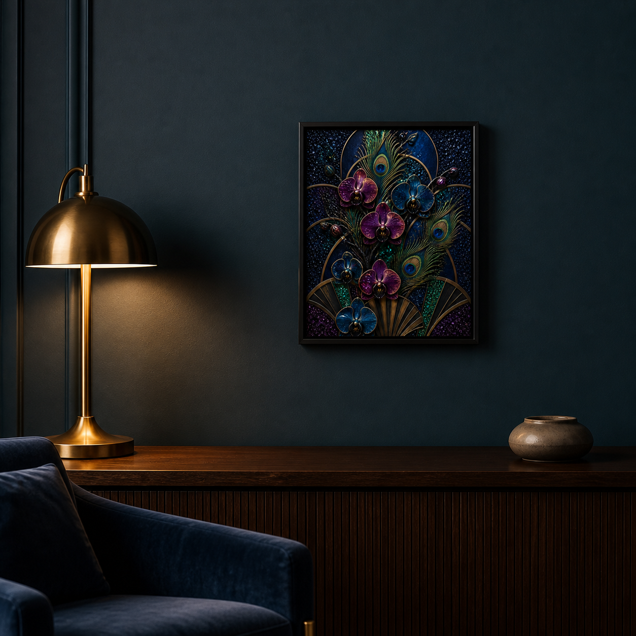 Peacock & Orchids framed relief art — room setting