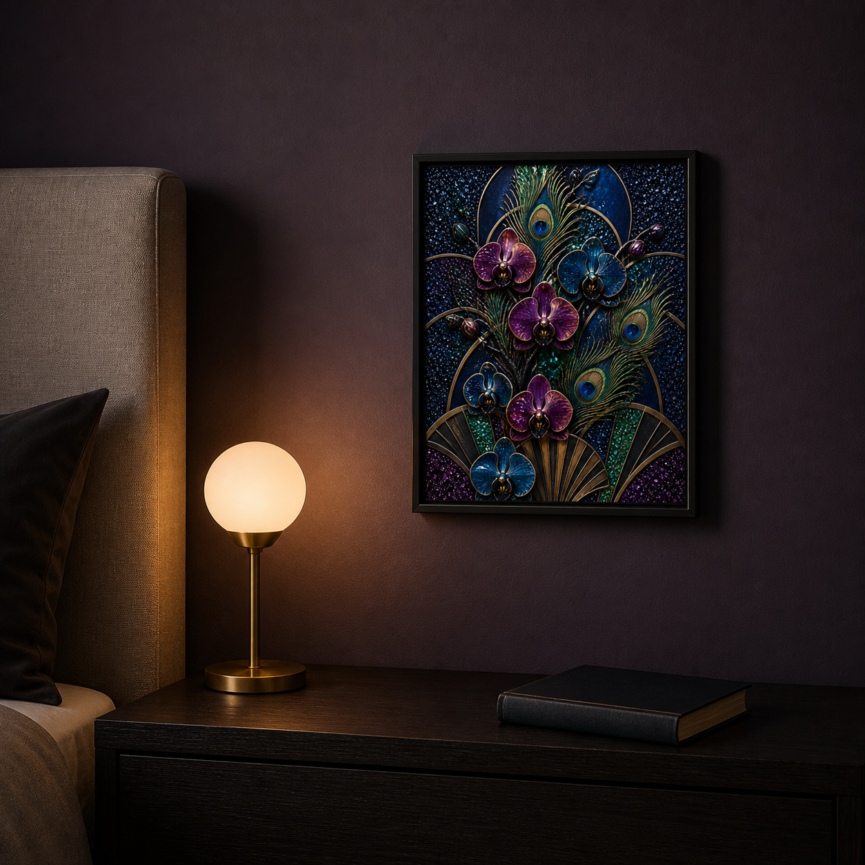 Peacock & Orchids framed relief art — alternate room setting