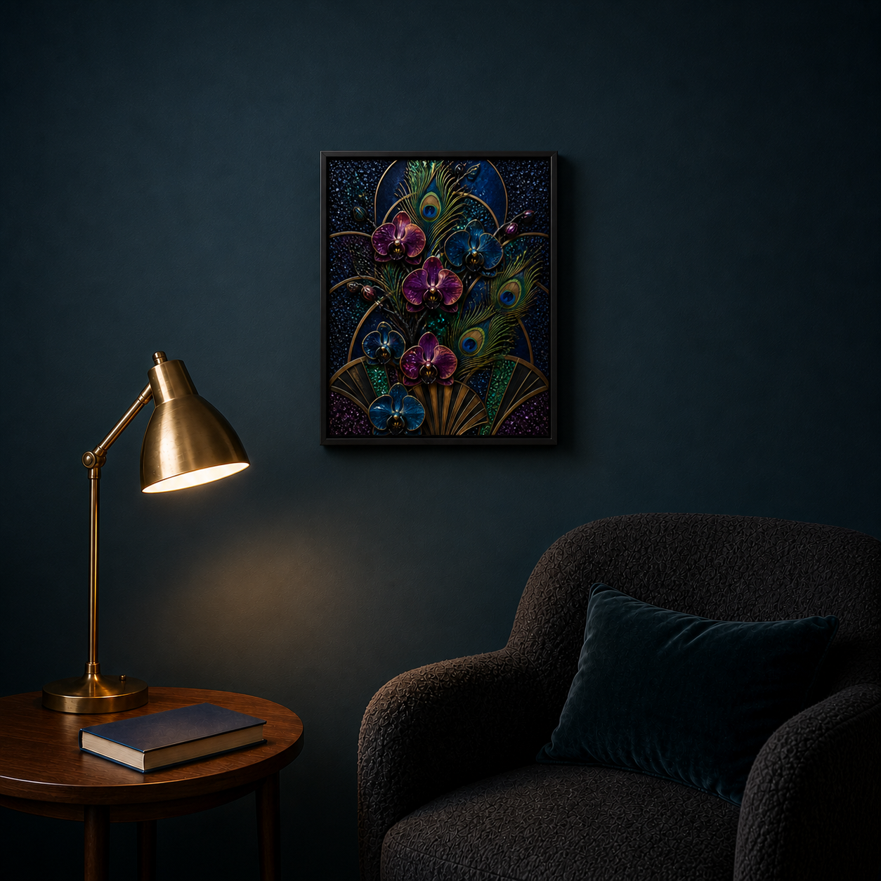 Peacock & Orchids framed relief art — styled interior