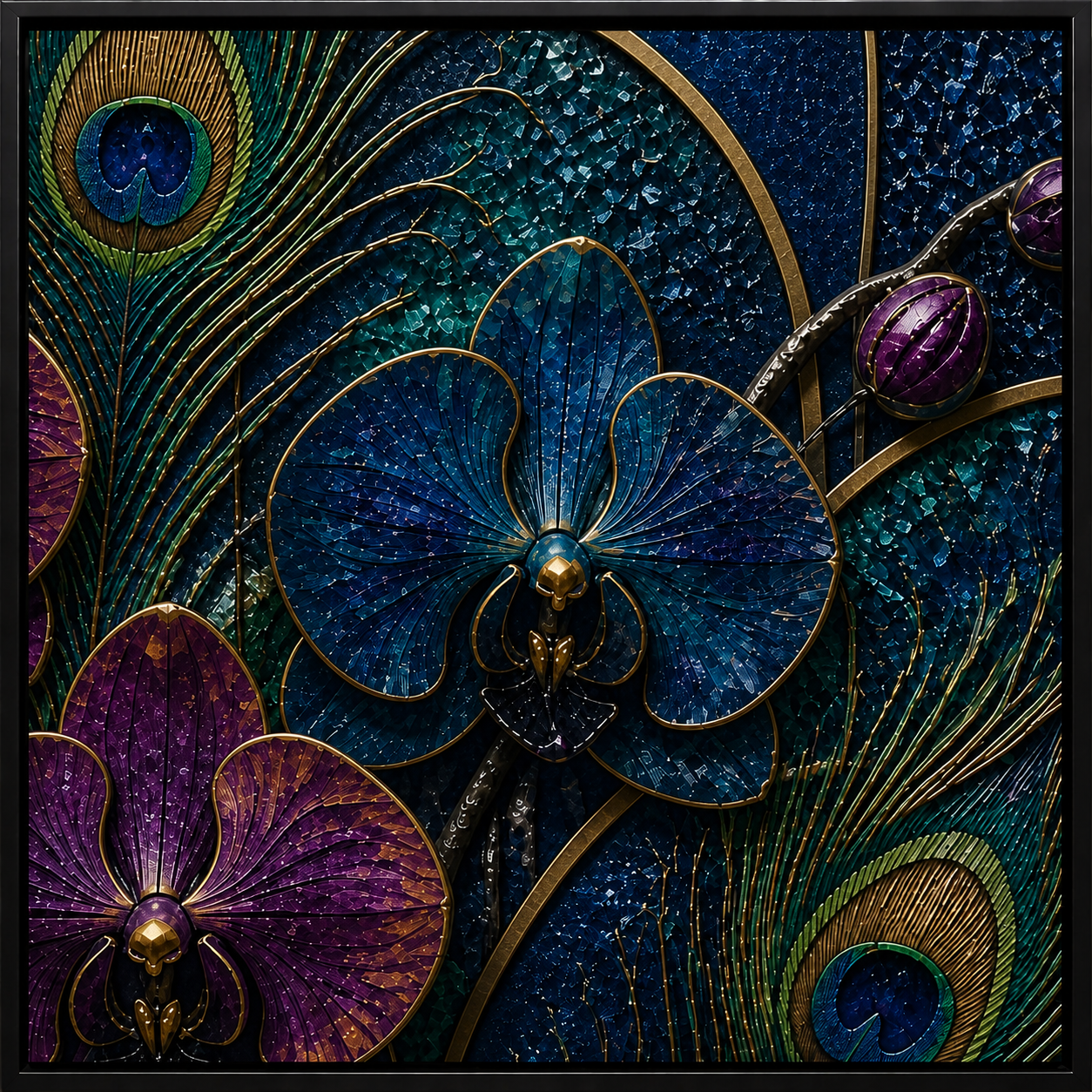Peacock & Orchids framed relief art — close-up detail
