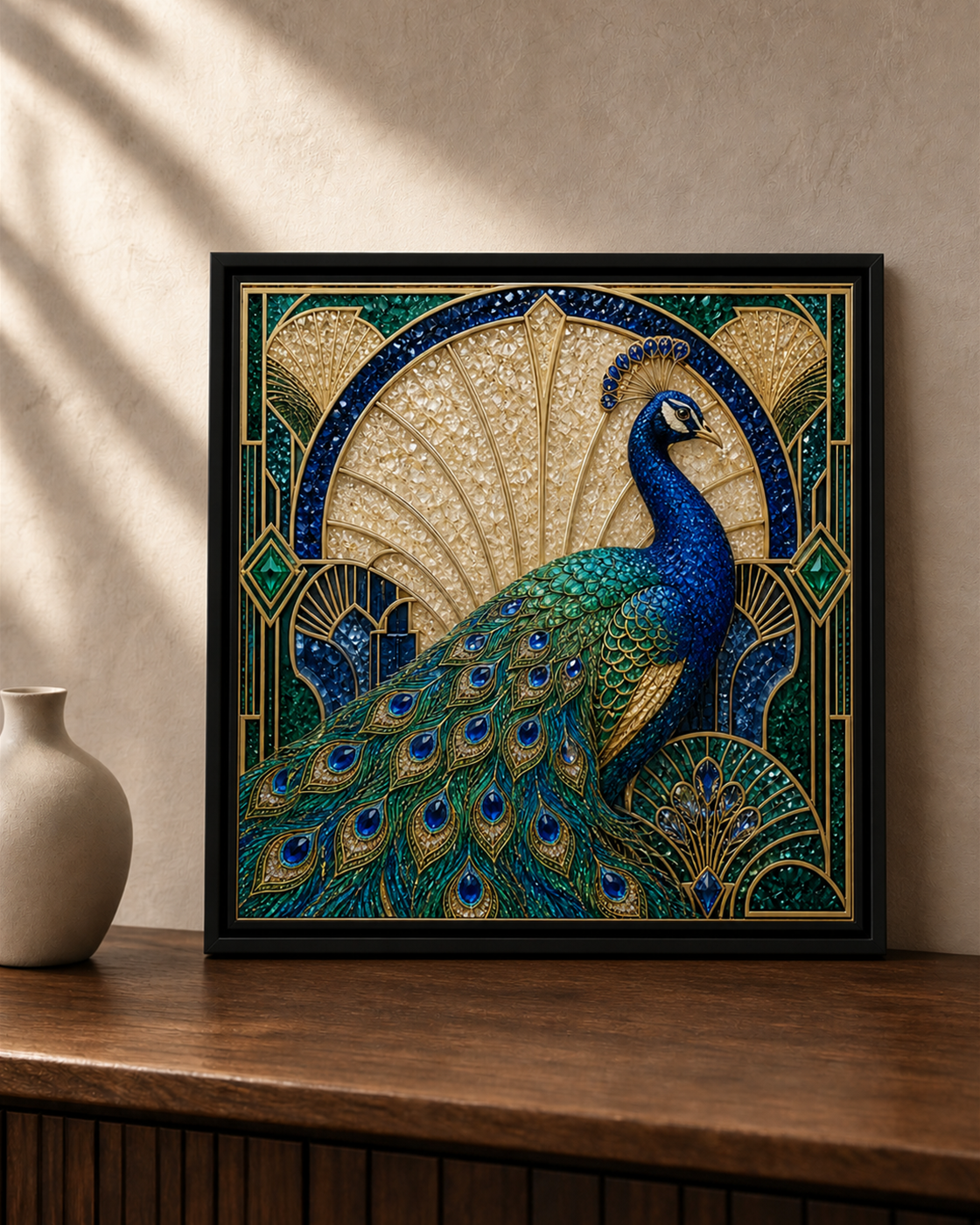 Blue & Gold Peacock framed relief art — lifestyle view