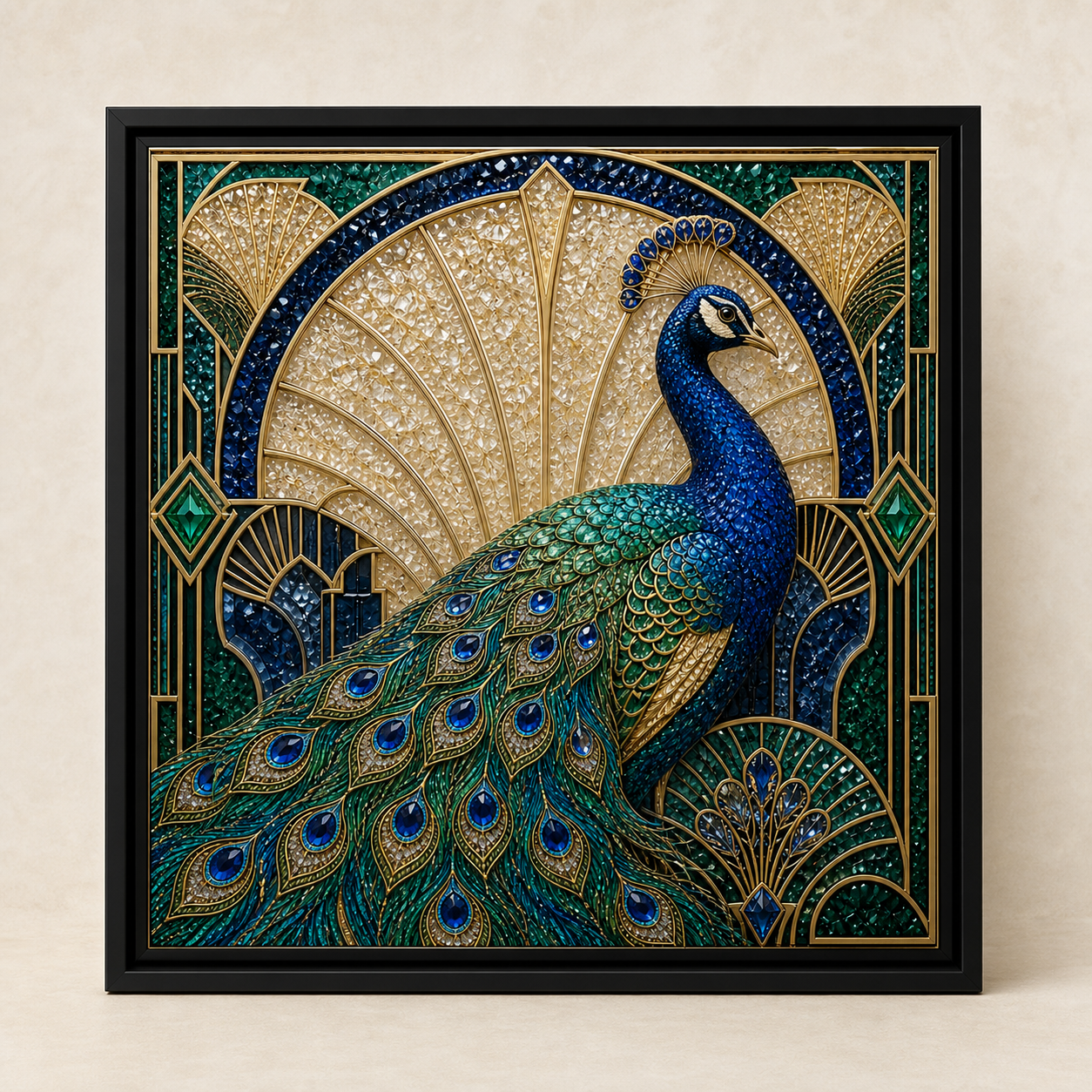Blue & Gold Peacock framed relief art — front view