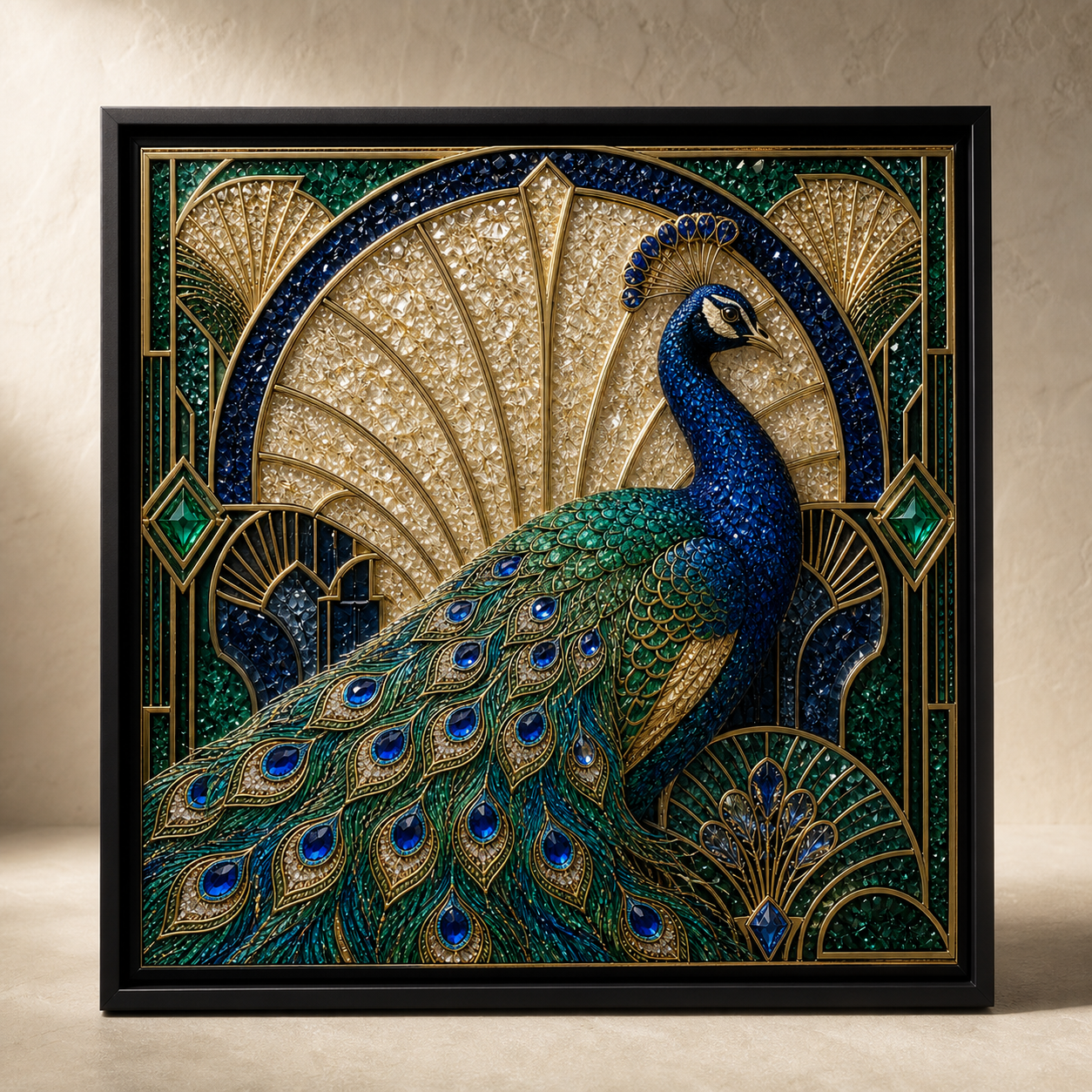 Blue & Gold Peacock framed relief art — relief lighting view