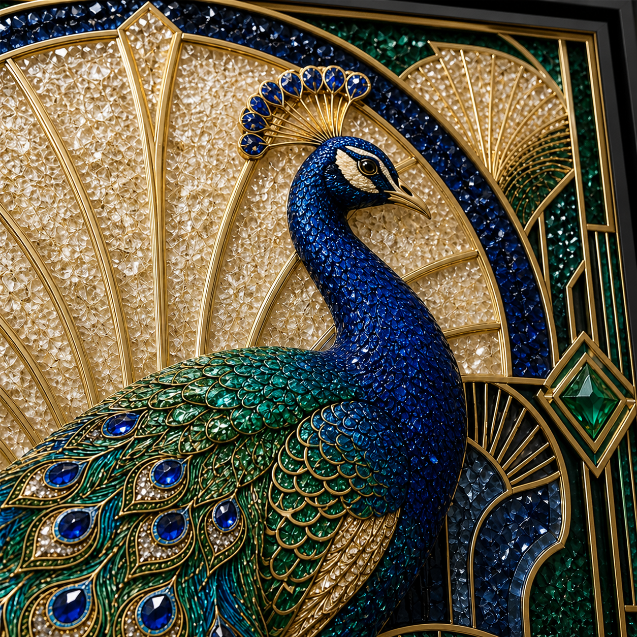 Blue & Gold Peacock framed relief art — relief detail