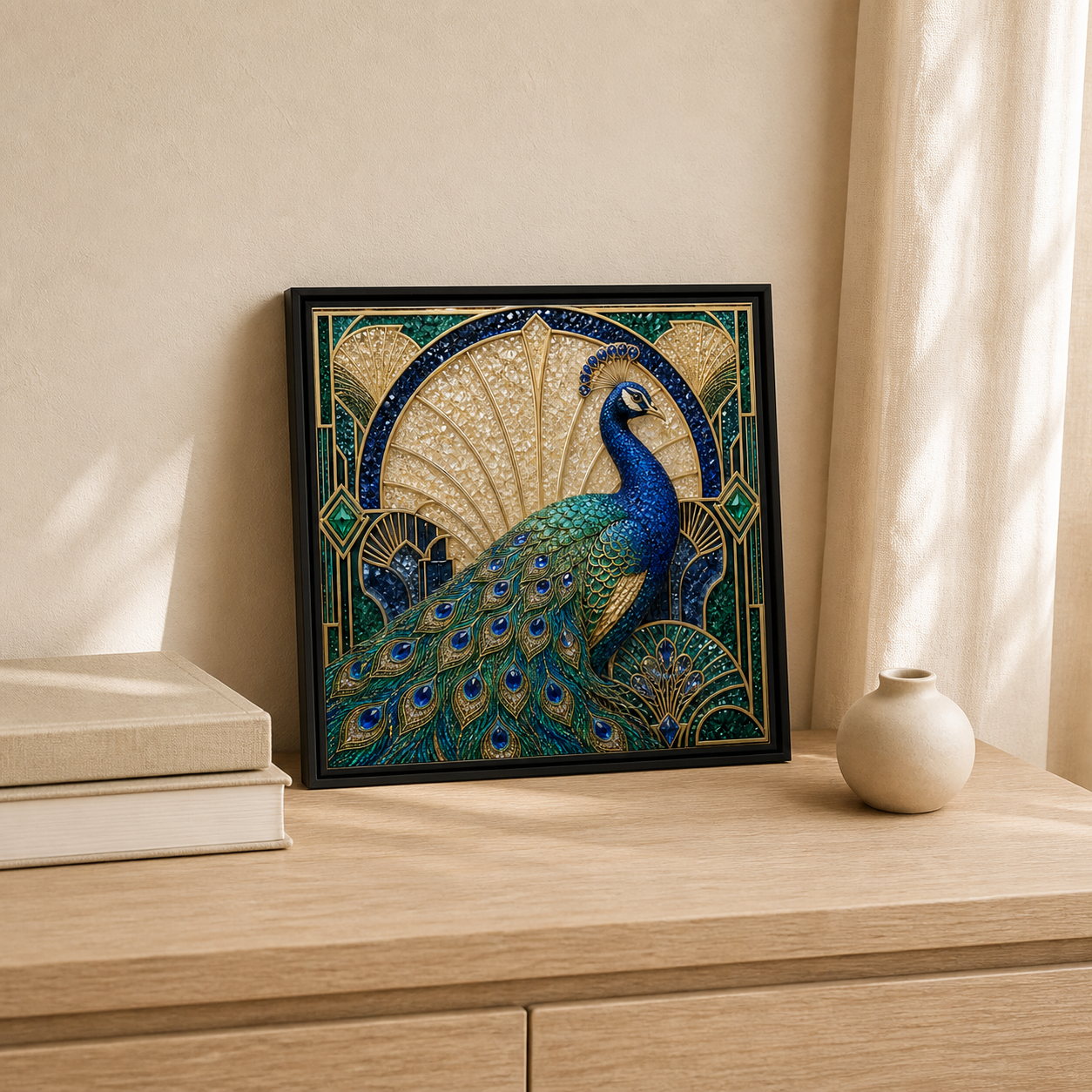 Blue & Gold Peacock framed relief art — room setting