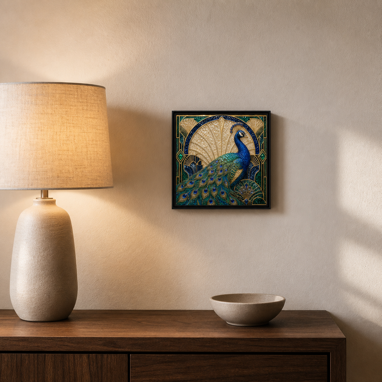 Blue & Gold Peacock framed relief art — alternate room setting