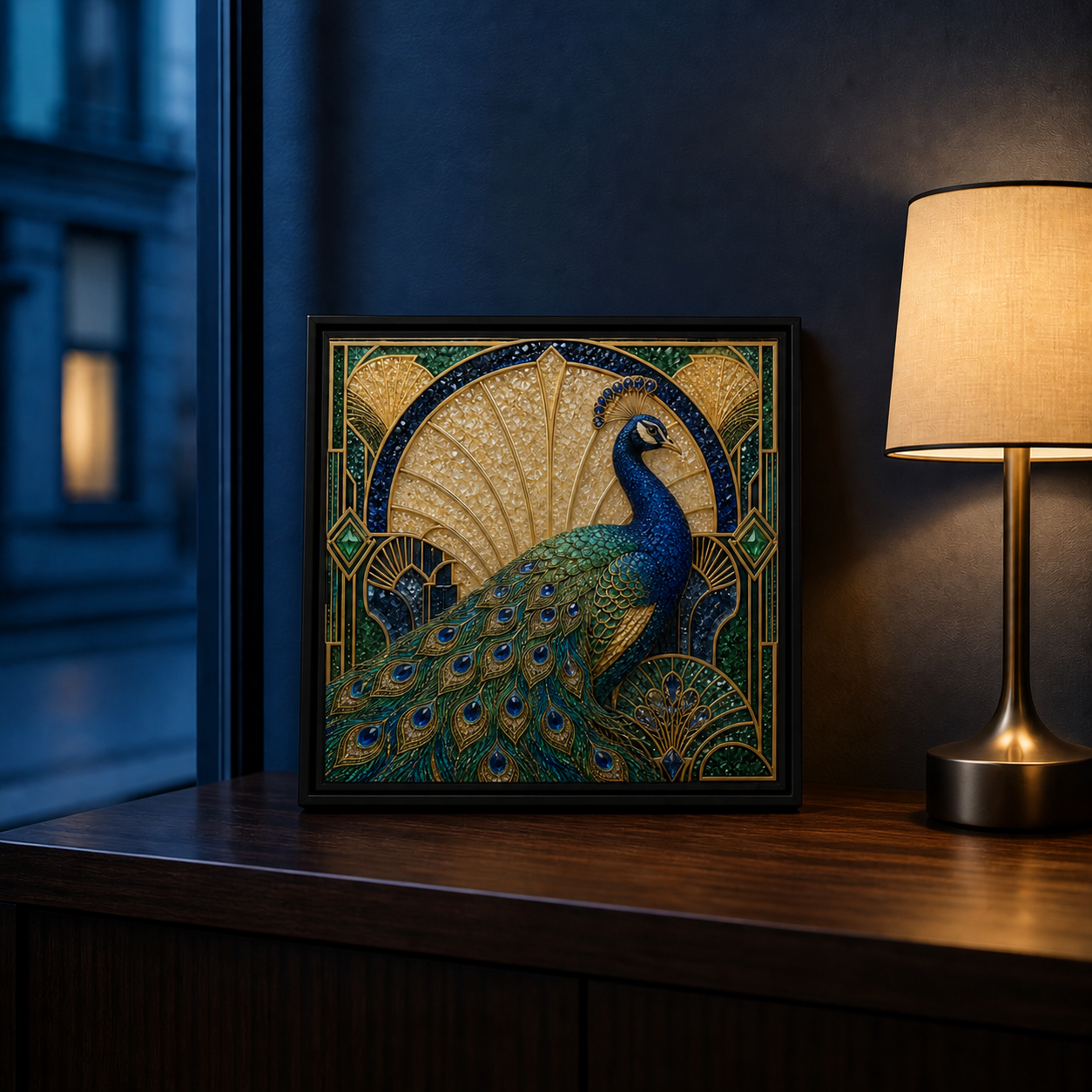 Blue & Gold Peacock framed relief art — styled interior