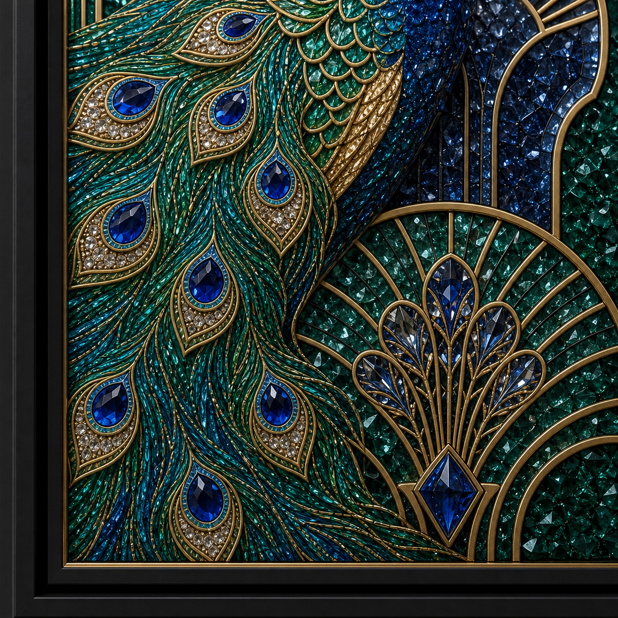 Blue & Gold Peacock framed relief art — close-up detail