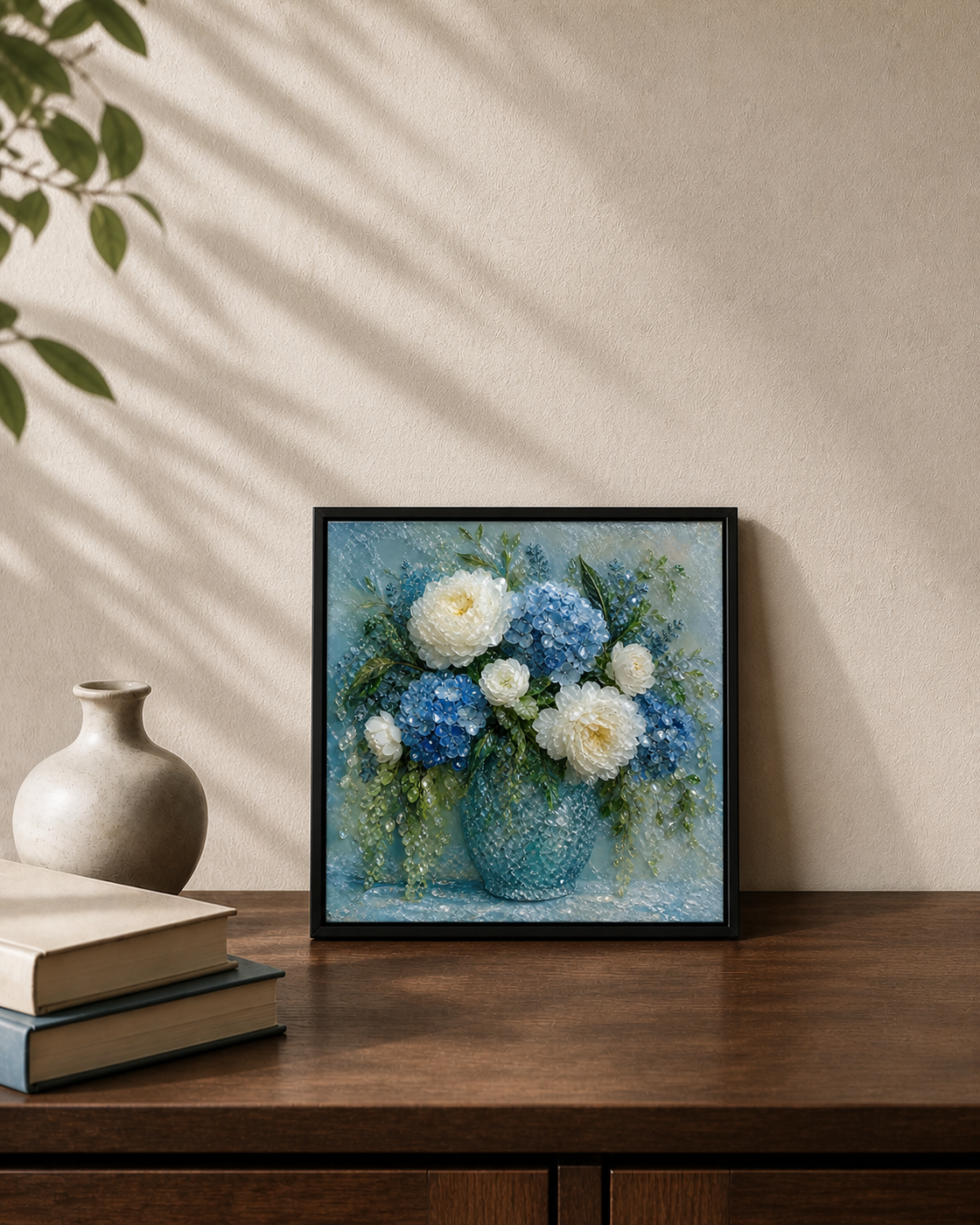 Blue Hydrangea & White Peonies framed relief art — lifestyle view