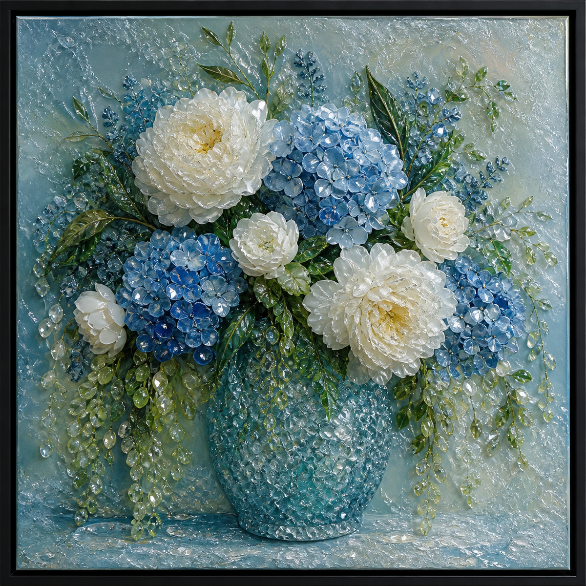 Blue Hydrangea &amp; White Peonies shown to approximate scale in a warm minimalist room