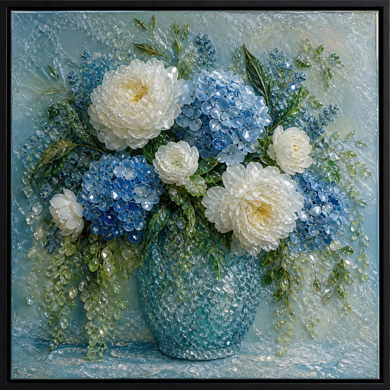 Blue Hydrangea & White Peonies framed relief art — front view