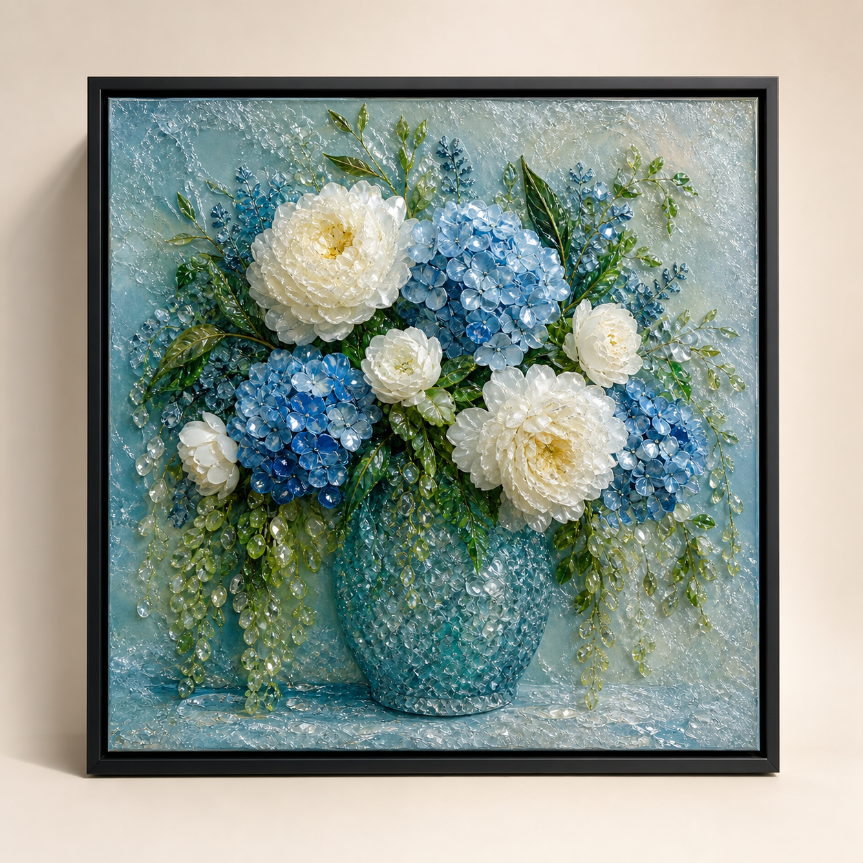 Blue Hydrangea & White Peonies framed relief art — relief lighting view